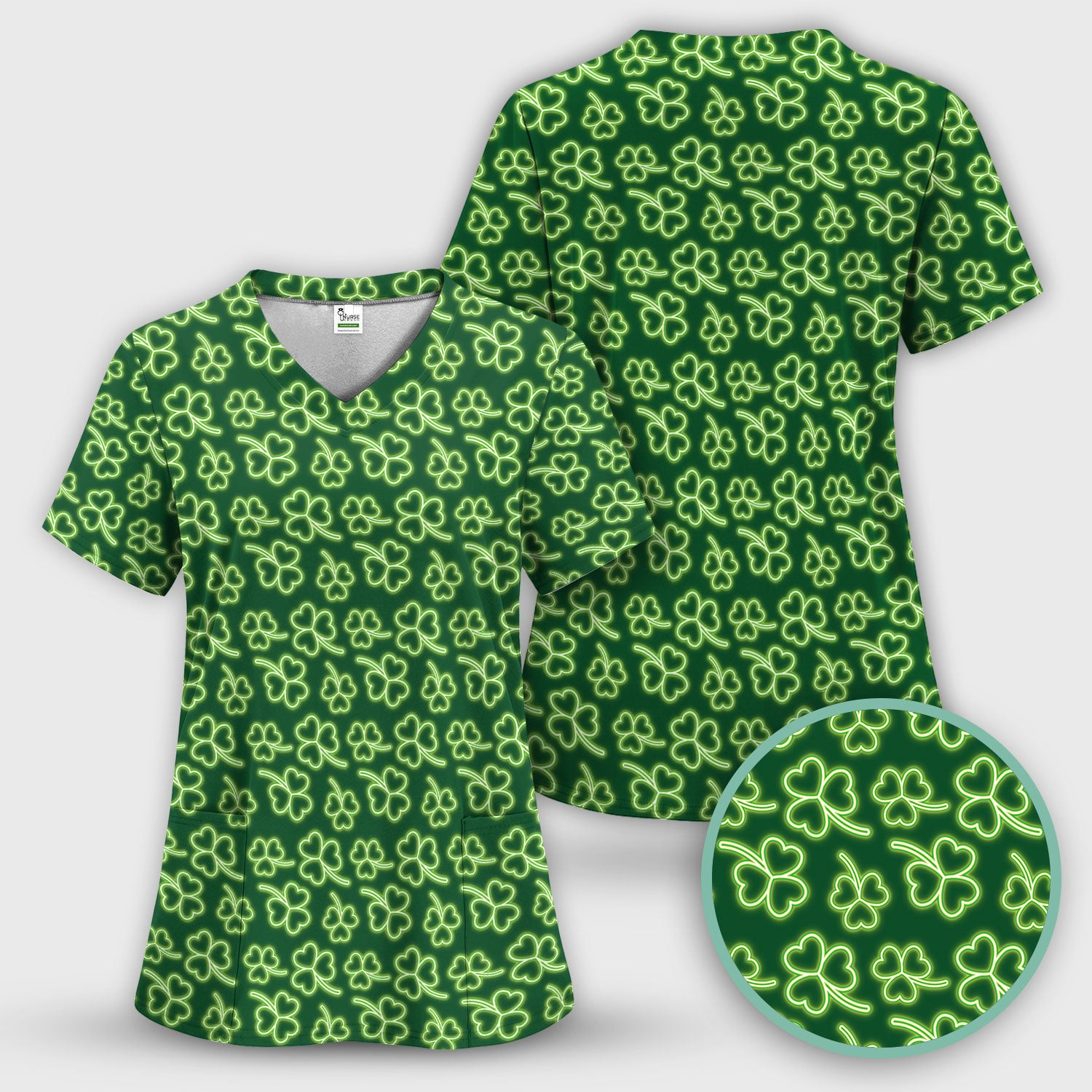 Neon Shamrock Nurse Scrub Top, St. Patrick’s Day Glow Green Pattern Pattern Shirt,  Breathable Fabrics Nursing Uniform