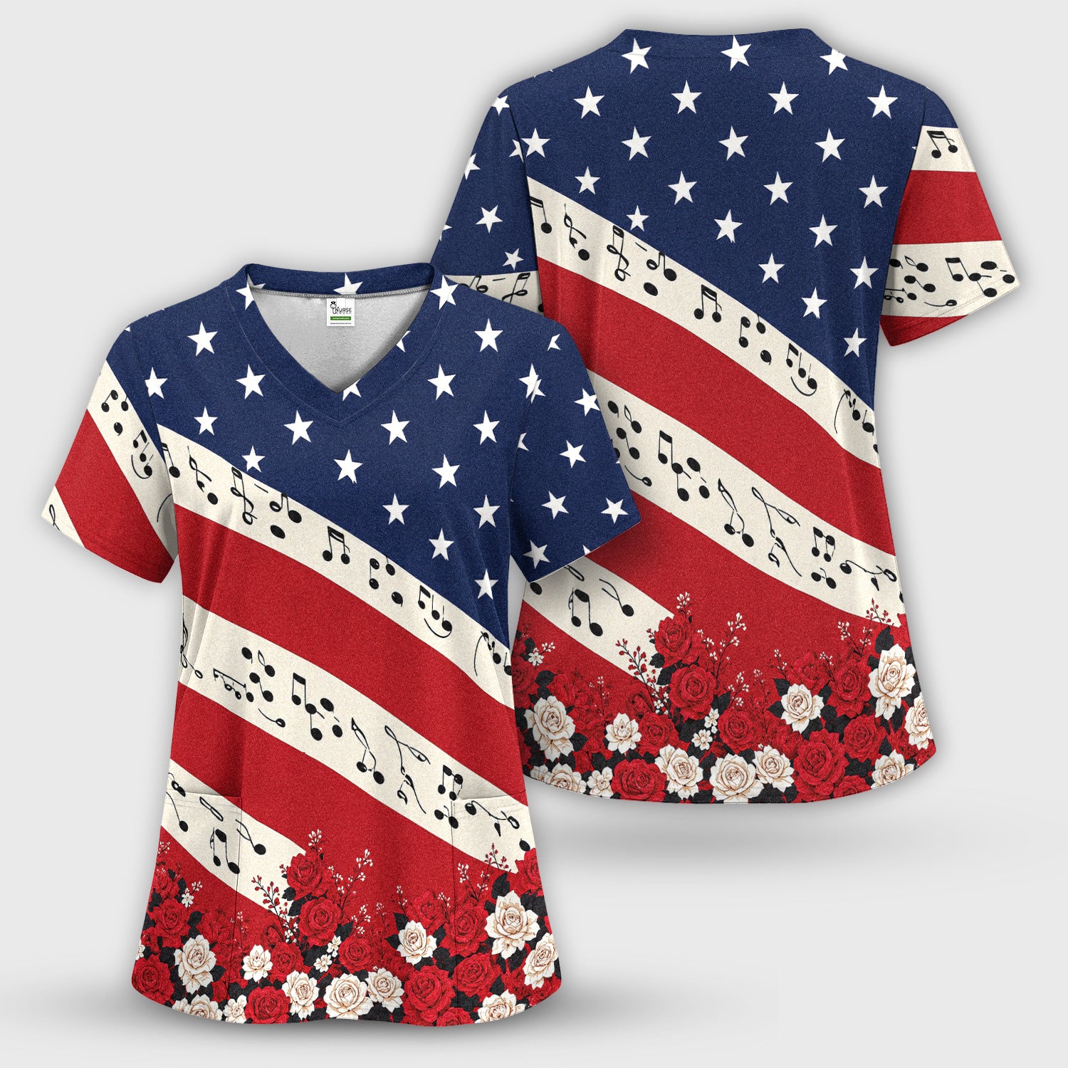 Patriotic Music Notes Nurse Scrub Top for RN, CNA, Healthcare Workers, Floral USA Uniform Scrub Top, Comfortable Scrubs for Nurses