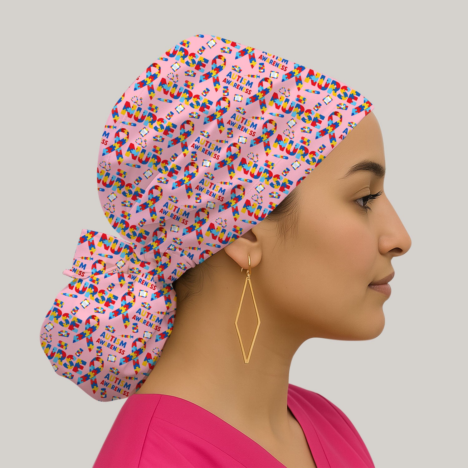 Autism Awareness Nurse Puzzle Ribbon Print Caps,  Breathable Fabrics Caps Uniform