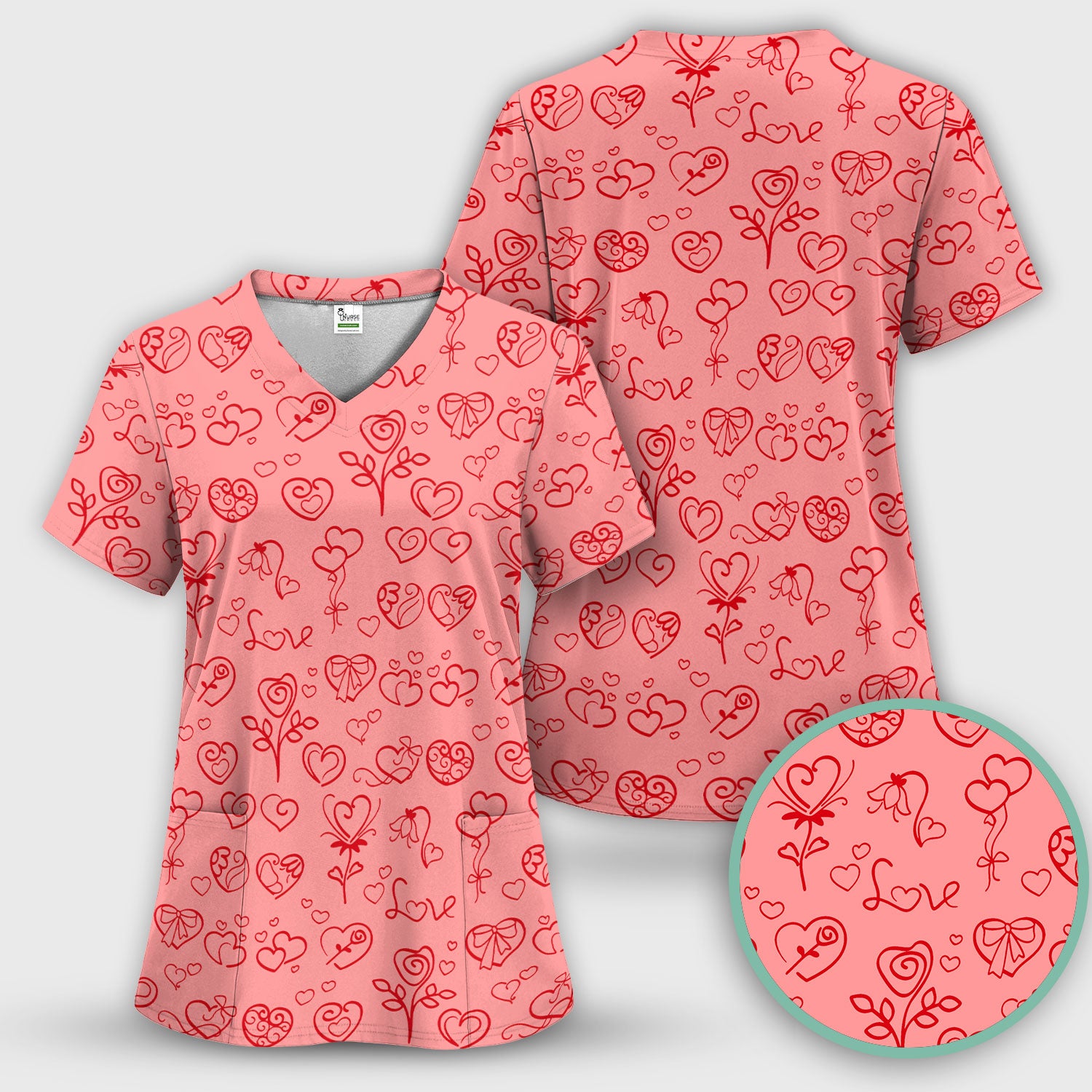 Cute Valentine Heart Scrub Set, Artistic Heart Pink Love Line Art Pattern Nurse Shirt, Comfortable Scrubs For Nursing