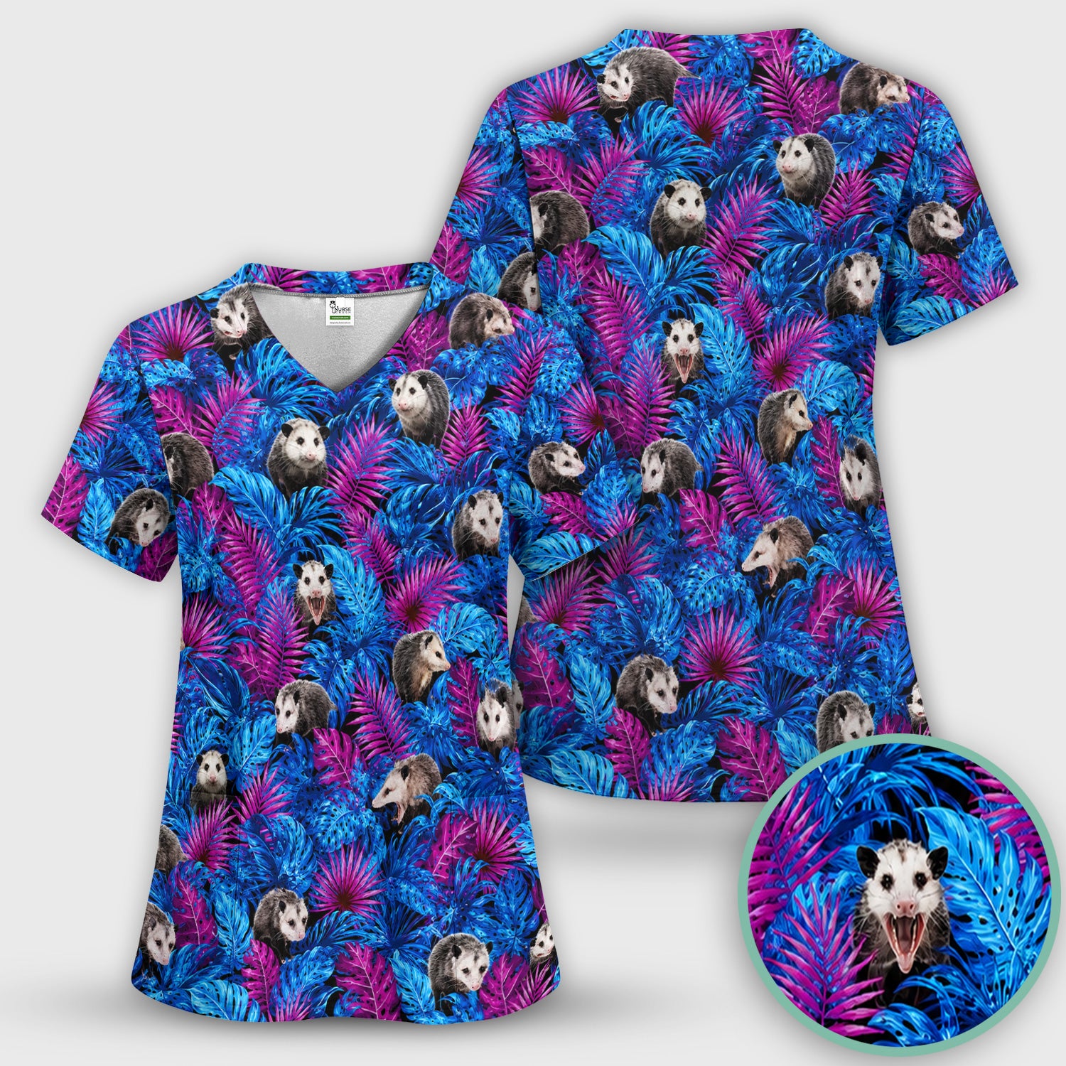 Cute Opossum Tropical Print Scrub Top, Comfortable Scrubs for Nurses