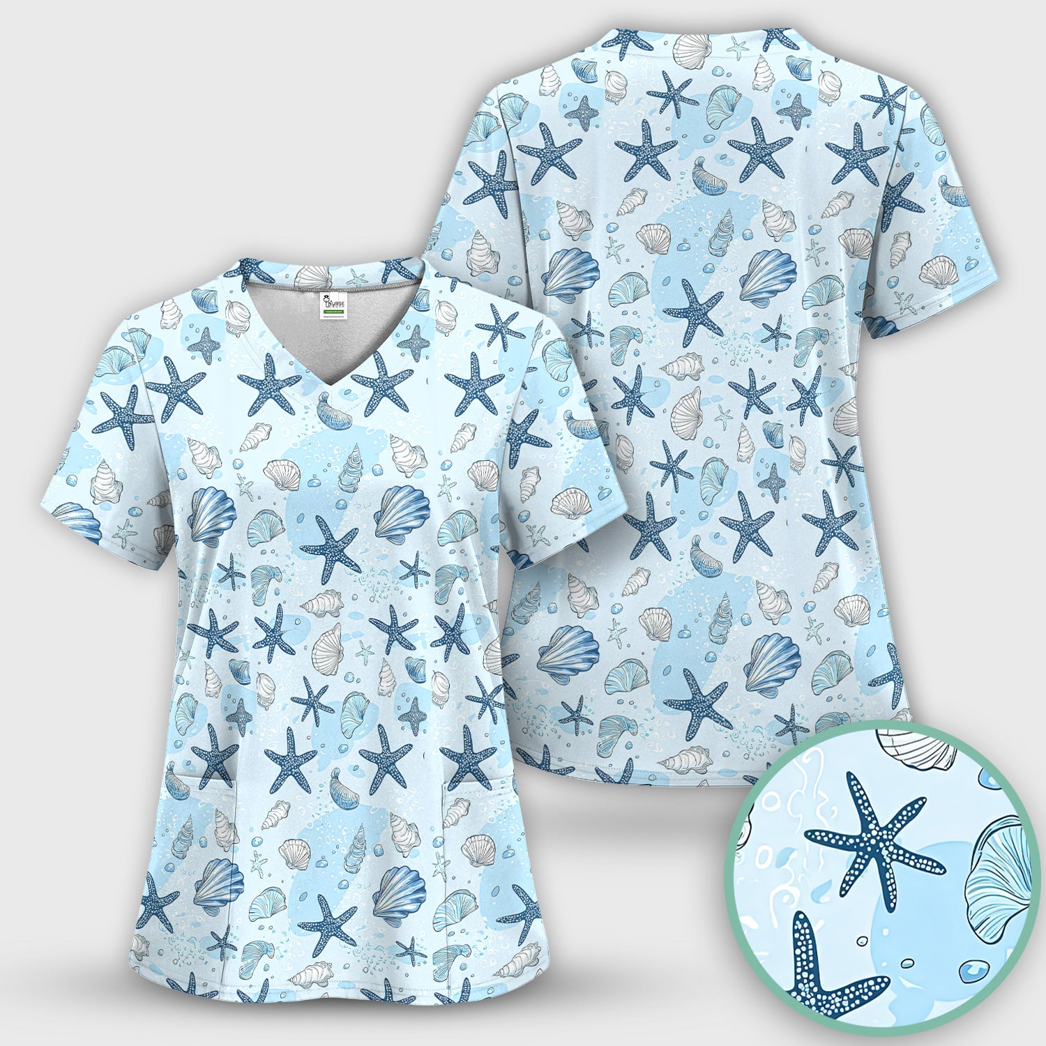Ocean Shell And Starfish Print Scrub Top, Breathable Fabrics Nursing Uniform