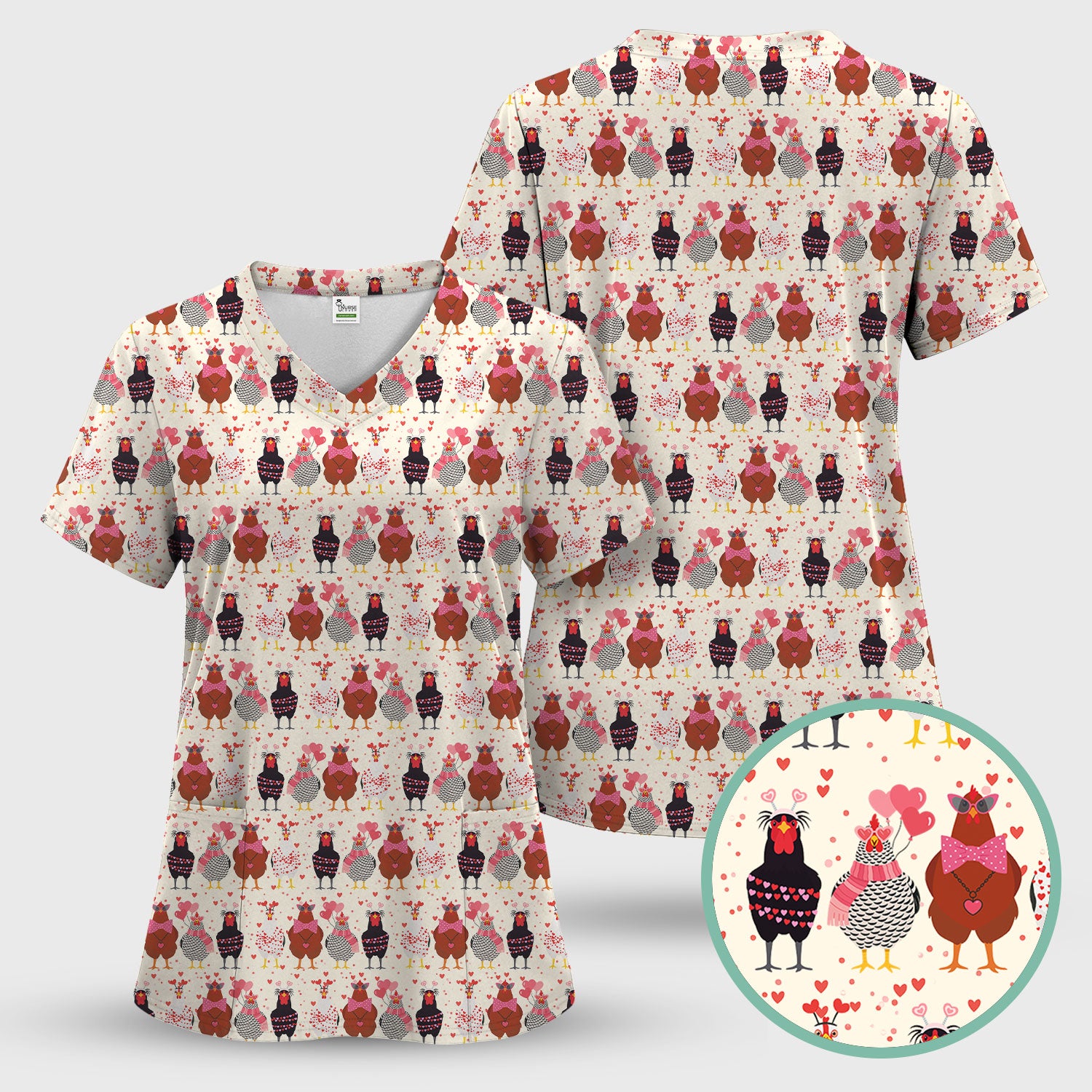 Funny Chicken Valentine Scrub Top, Chicken Pattern Scrub Shirt For Nursing, Valentine Gift For Nurse
