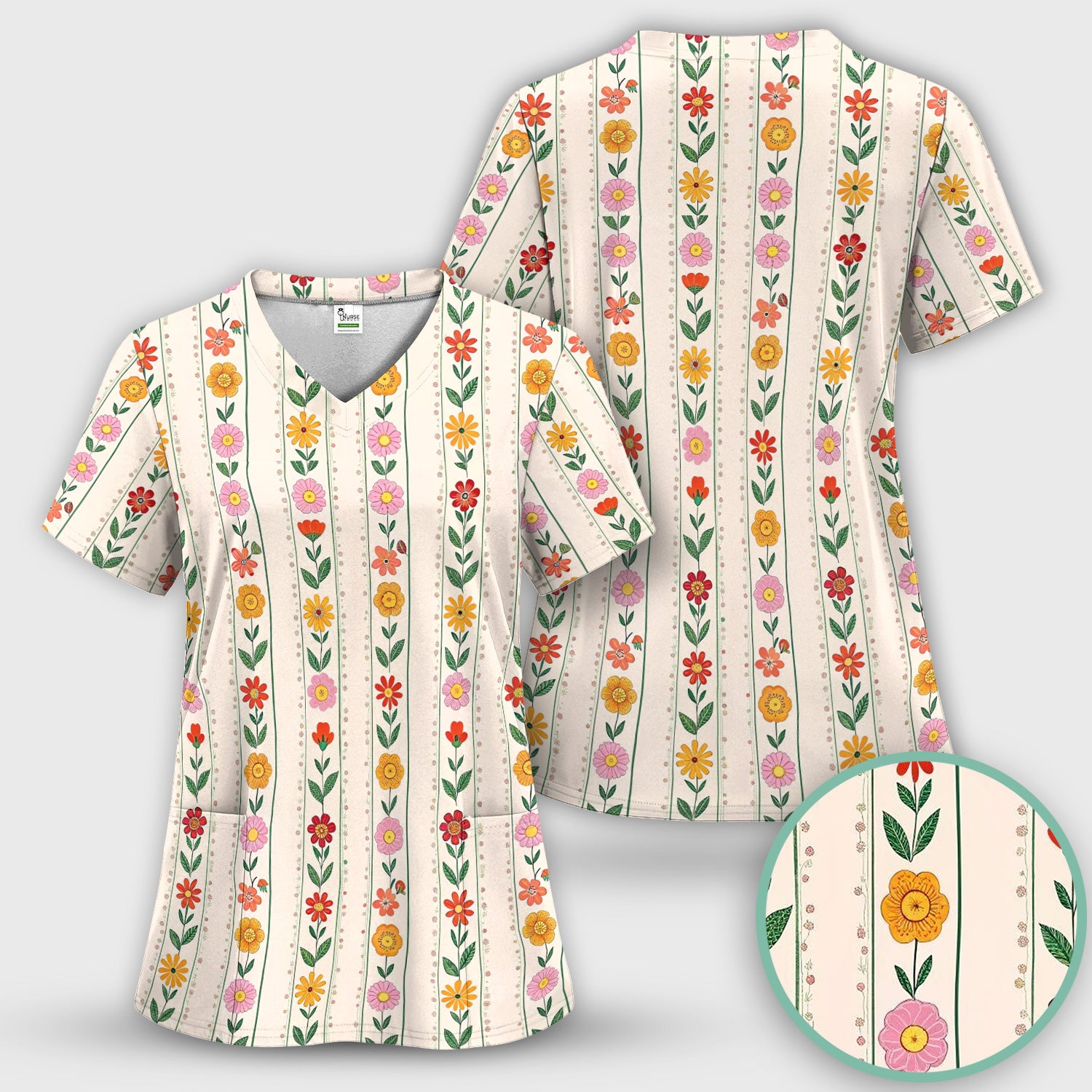 Retro Floral Stripe Print Scrub Set, Scrub Pants and V Neck Top