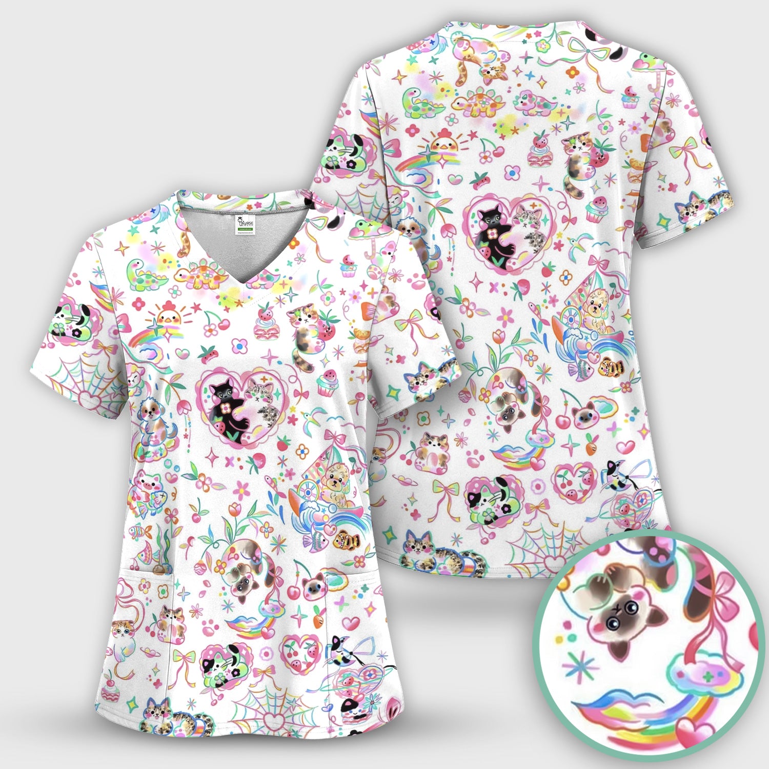 Cute Kawaii Animal Rainbow Heart Pattern Scrub Top, Comfortable Scrubs for Nurses