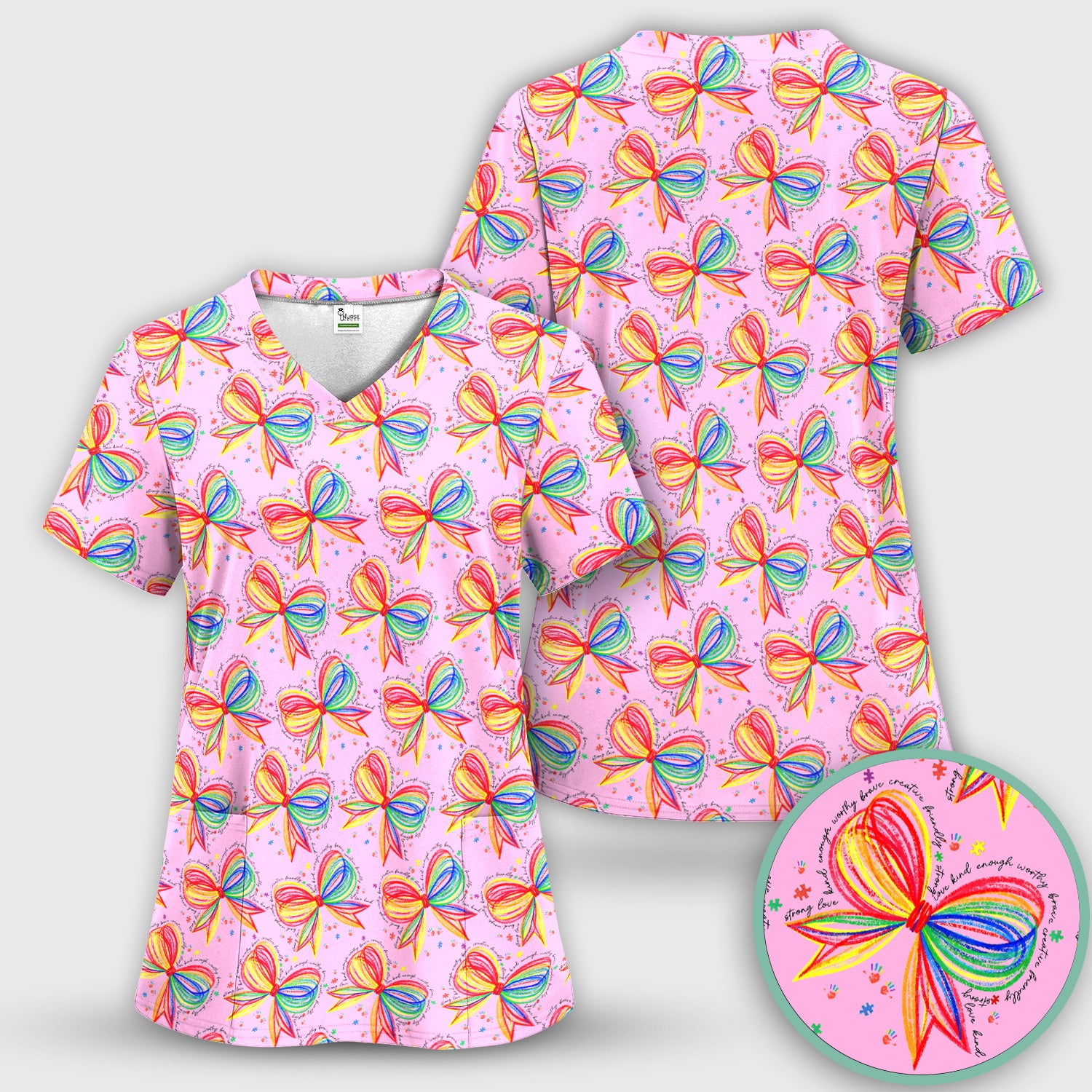 Colorful Rainbow Bow Pattern Scrub Top, Comfortable Scrubs for Nurses