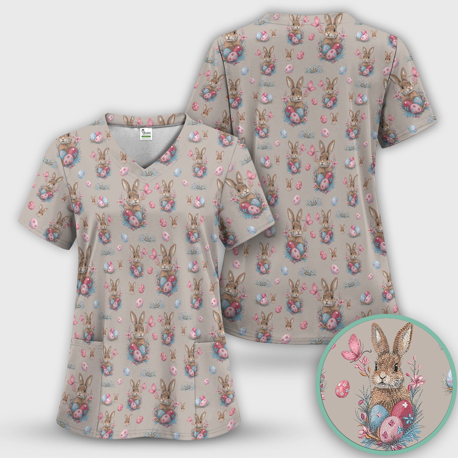 Pastel Easter Bunny Nest Pattern Scrub Top, Comfortable Scrubs for Nurses