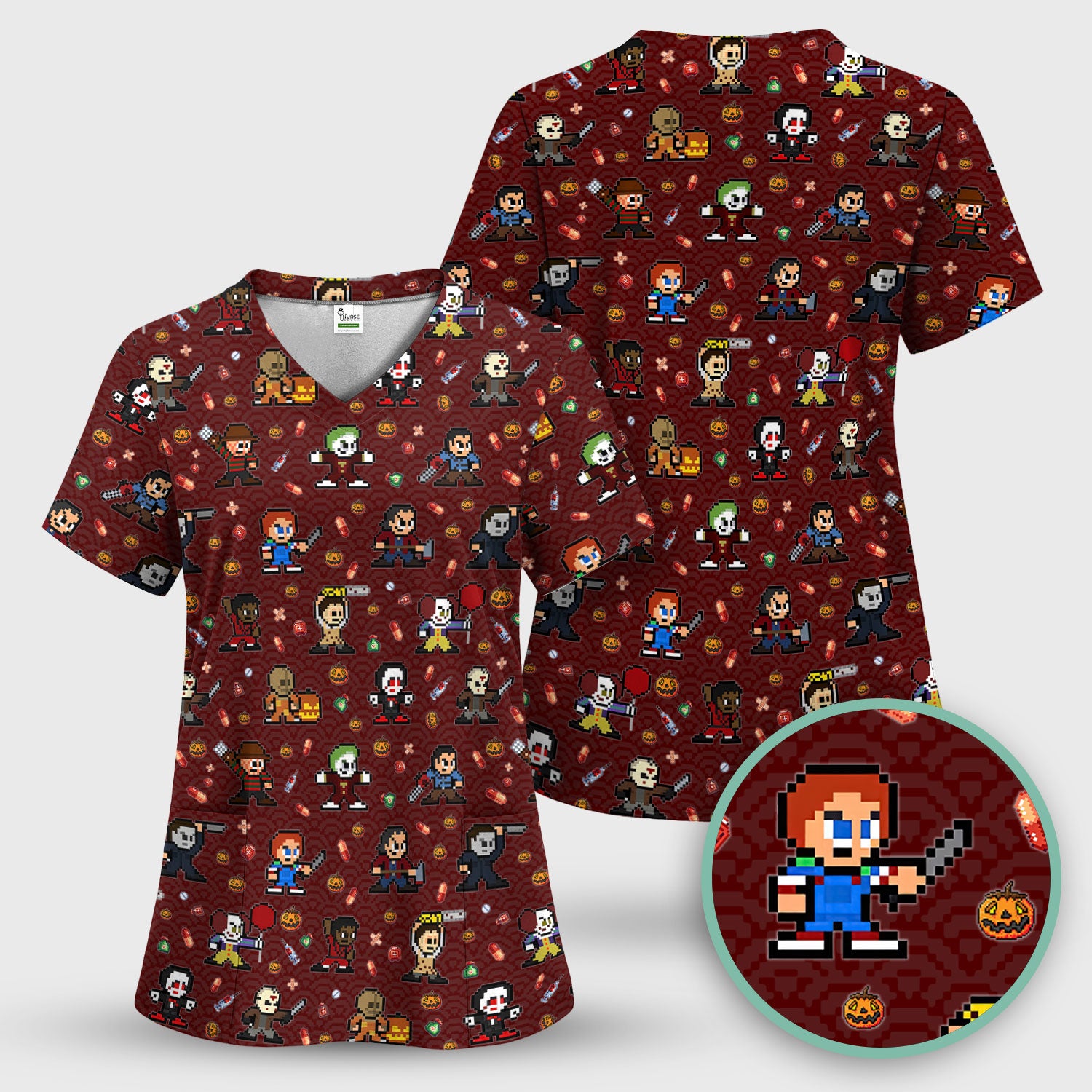 Halloween Horror Movie Scrub Top - Scary Character Med Uniform - Comfortable Scrubs for Nurses - Spooky Gift for Her