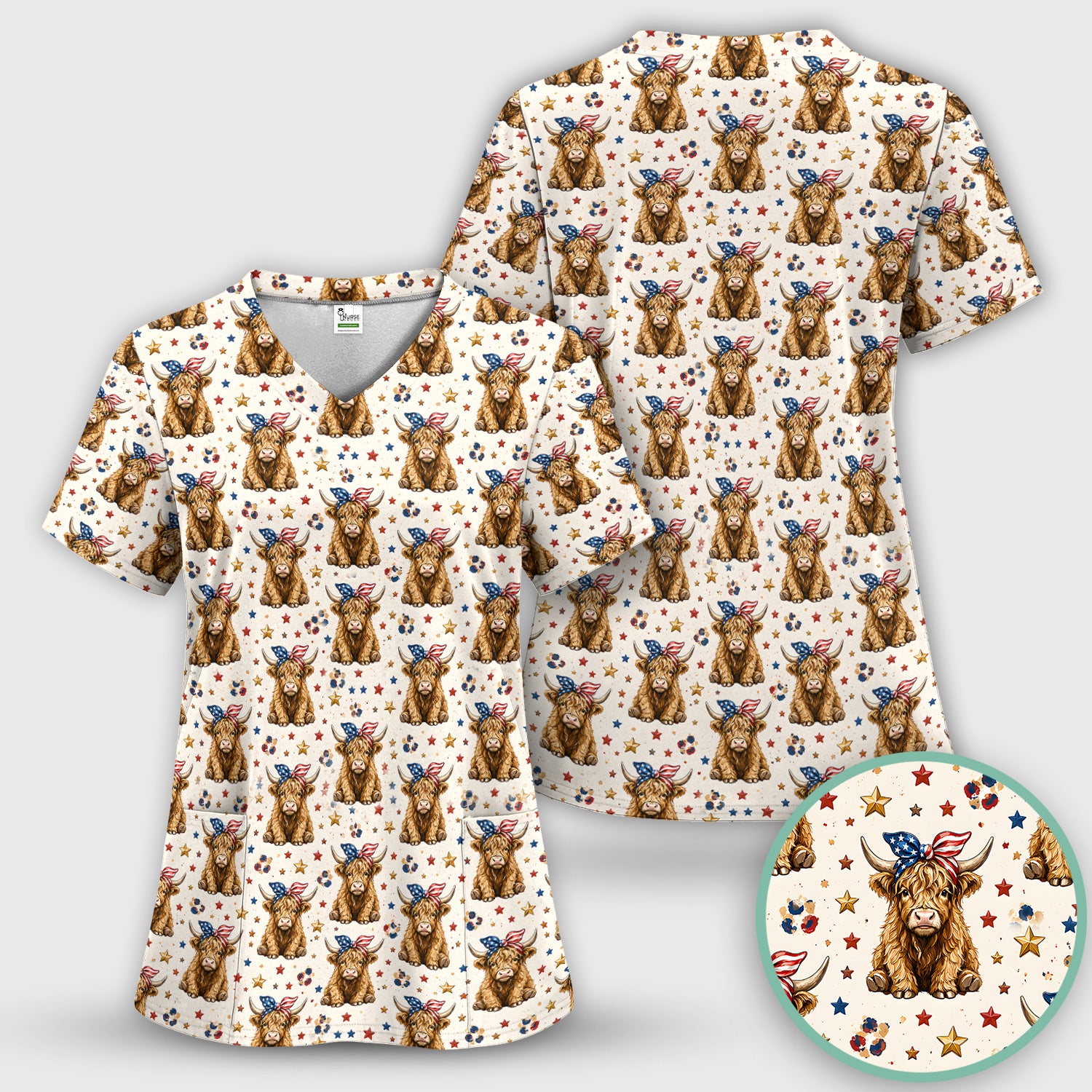 Patriotic Highland Cow Nurse for RN & CNA, Americana Farm Animal Healthcare Workers Medical Uniform Scrub Top, Comfortable Scrubs for Nurses