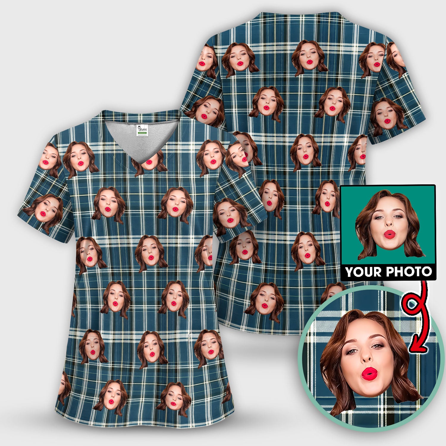 Personalized Funny Face Plaid Scrub Top, Custom Photo Pattern Medical Shirt, Breathable Fabrics Nursing Uniform
