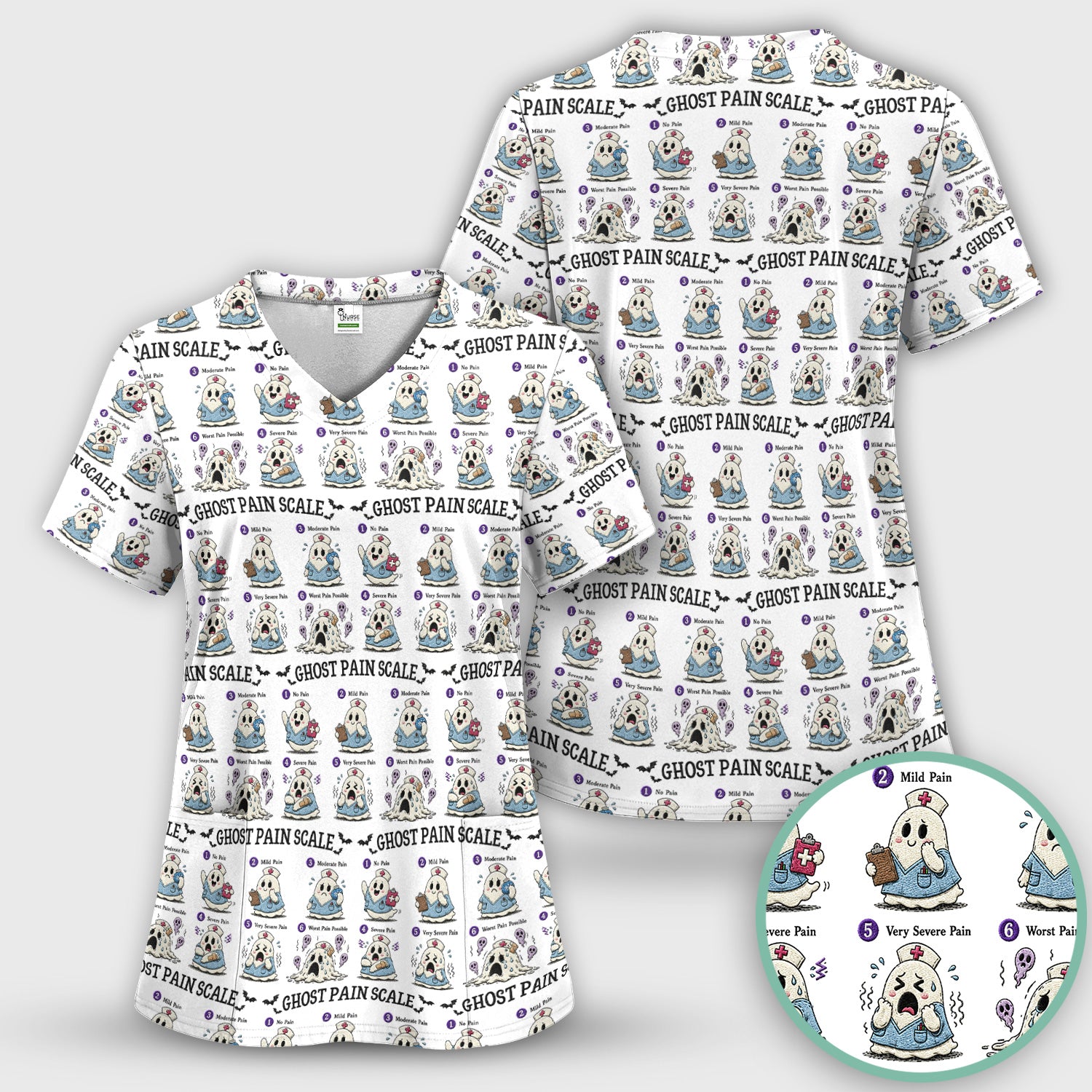 Funny Ghost Pain Scale Pattern Scrub Set, Scrub Pants and V Neck Top