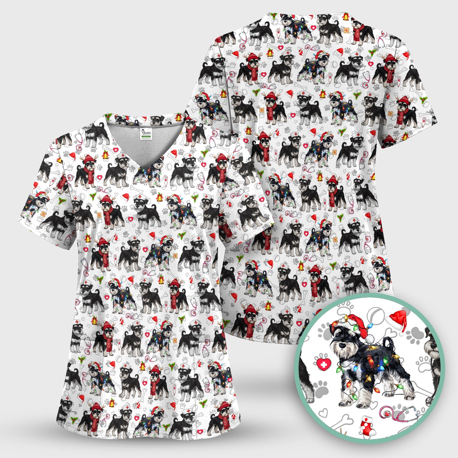 Christmas Schnauzer Scrubs for Nurses - Cute Dog Holiday Scrub Top - Funny Santa Nursing Medical Shirt for Women