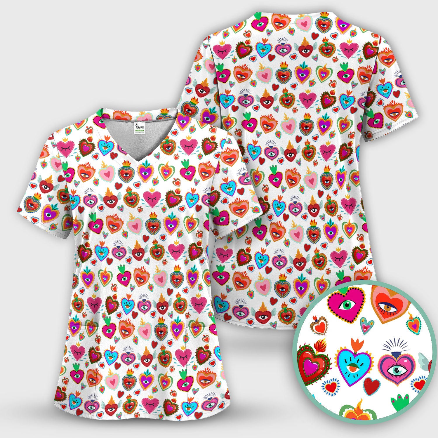 Valentine Colorful Sacred Heart Print Medical Scrub Top, Comfortable Scrubs for Nurses