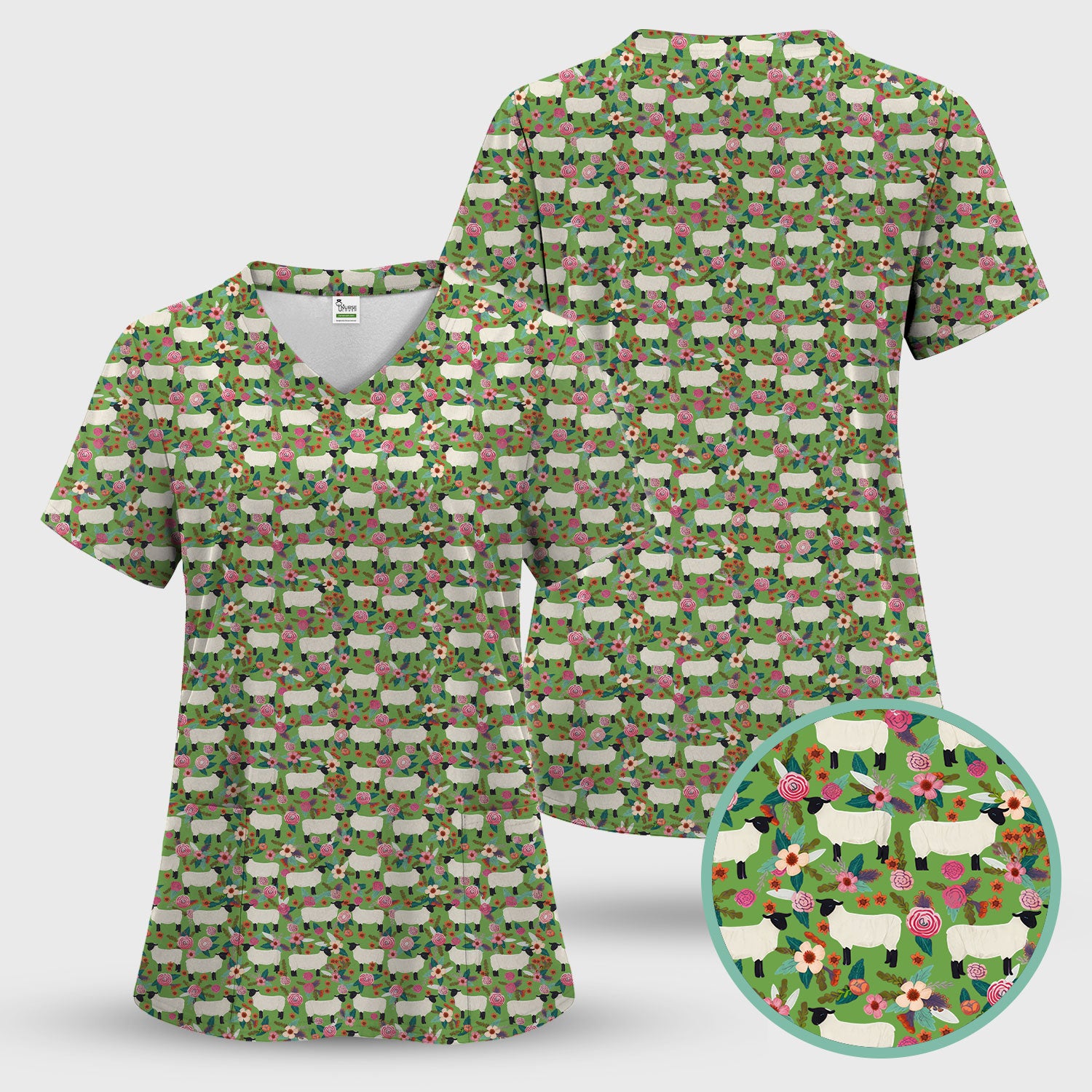 Cute Sheep Floral Meadow Pattern Scrub Set, Nurse Uniform Scrubs Set