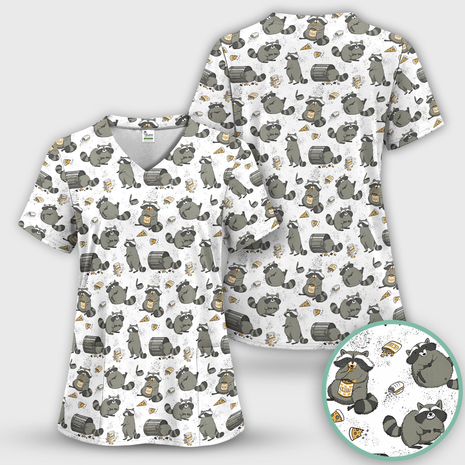 Raccoon Snack And Trash Can Pattern Scrub Set, Breathable Med Uniform