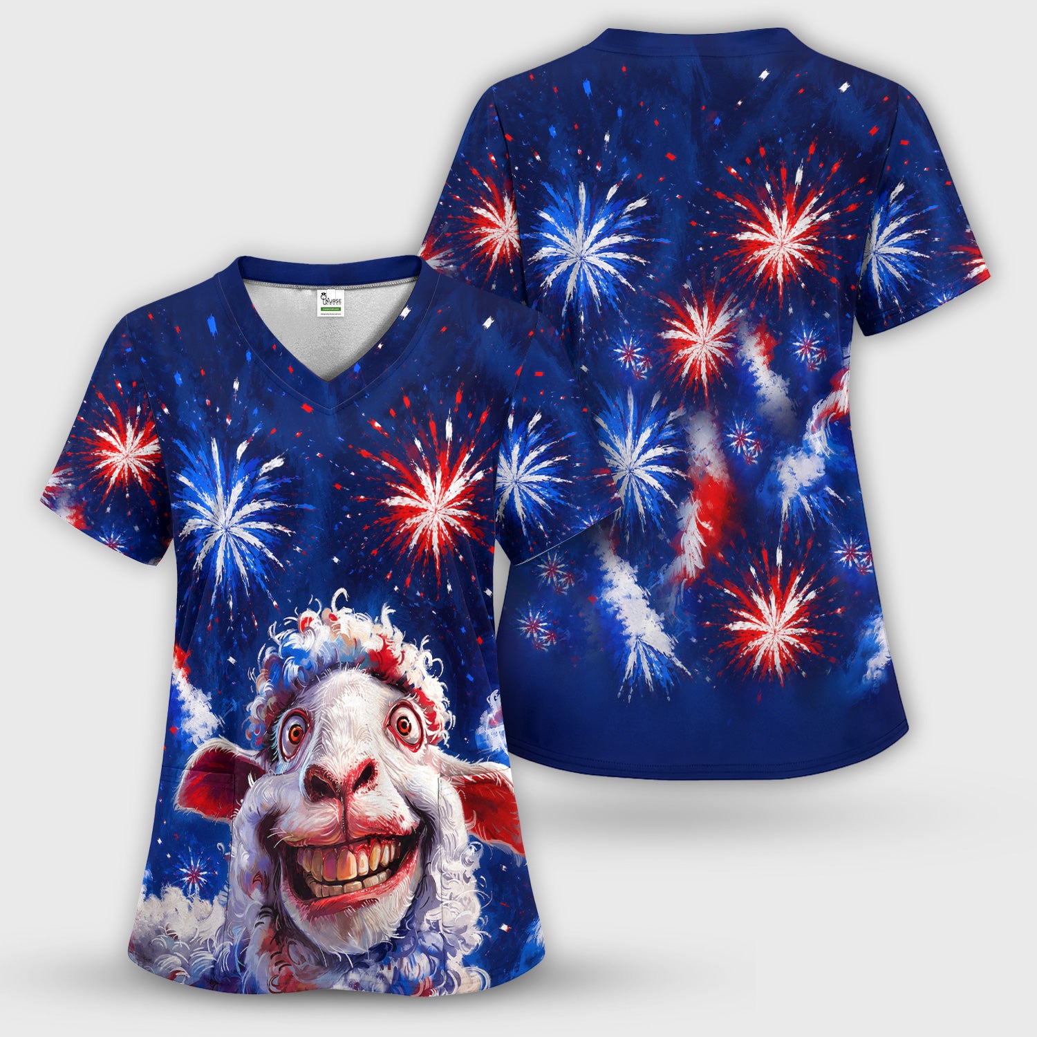 Funny Patriotic Sheep Fireworks Print Scrub Set, Scrub Pants and V Neck Top