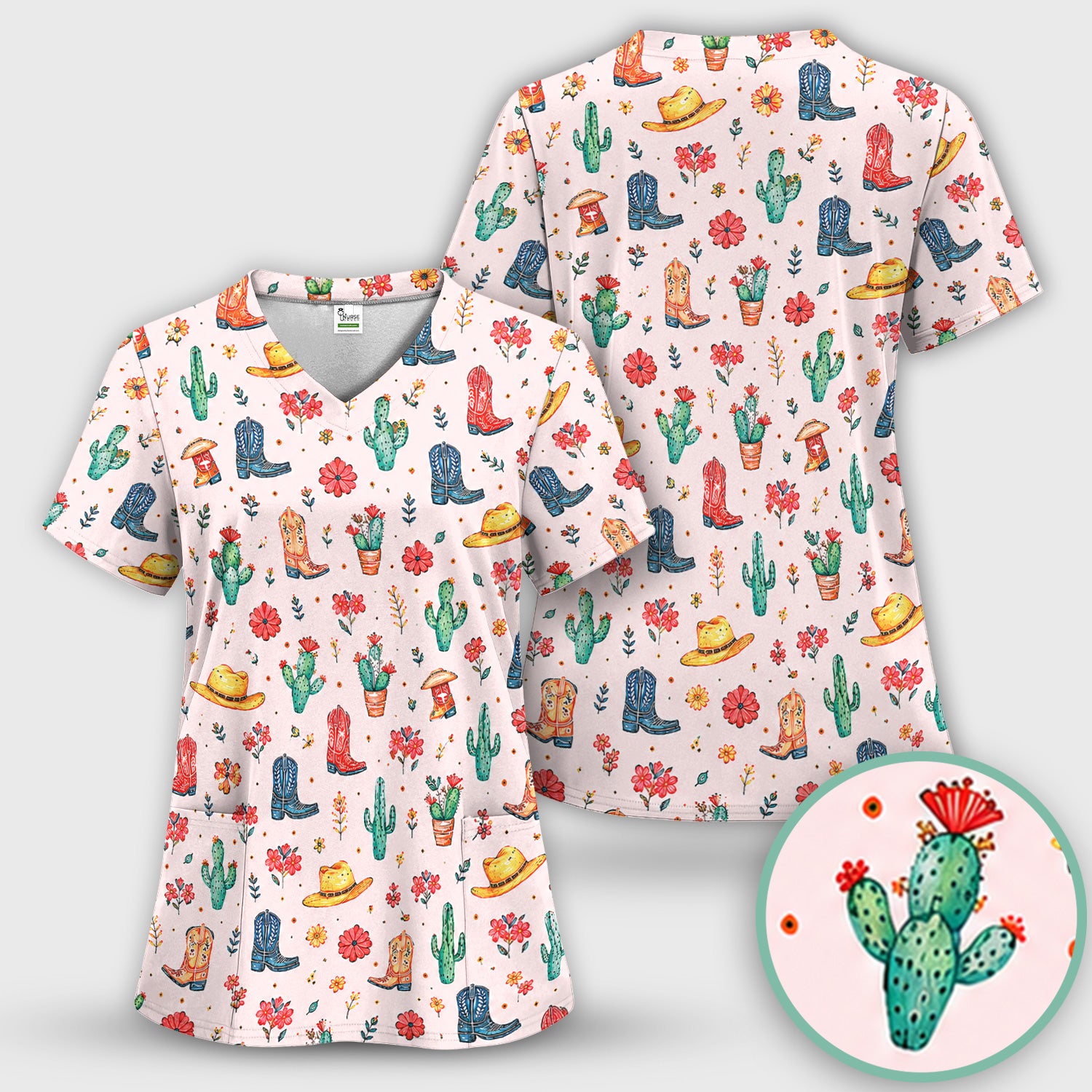 Whimsical Western Cactus Boots Pattern Scrub Top, Breathable Fabrics Nursing Uniform