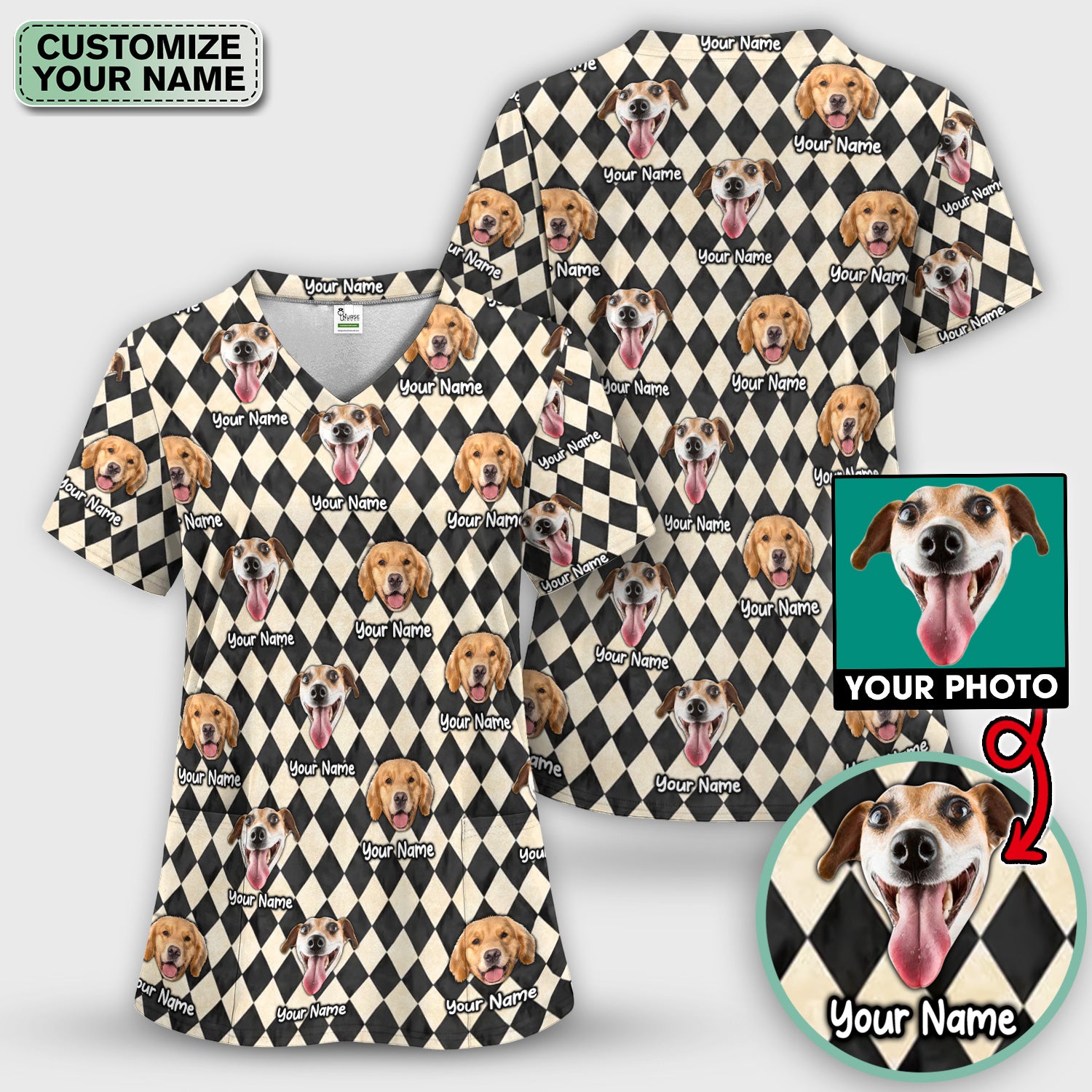 Personalized Pet Portrait Argyle Scrub Set, Scrub Pants and V Neck Top