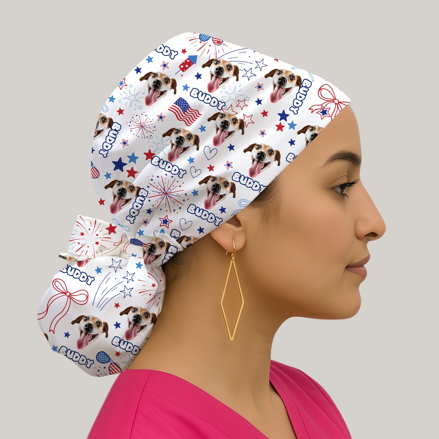 Personalized Patriotic Dog Face Name Pattern Scrub Cap, Surgical Caps for Doctors