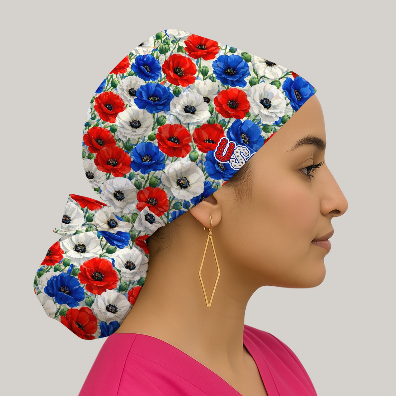 Festive Patriotic Red Blue Poppy Floral Pattern Nurse Scrub Cap, Surgical Caps for Doctors