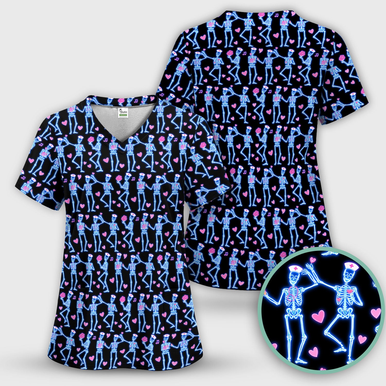 Skeleton Nurse Heart Pattern Scrub Sets, Playful Nurse Style, Scrub Pants and V Neck Top