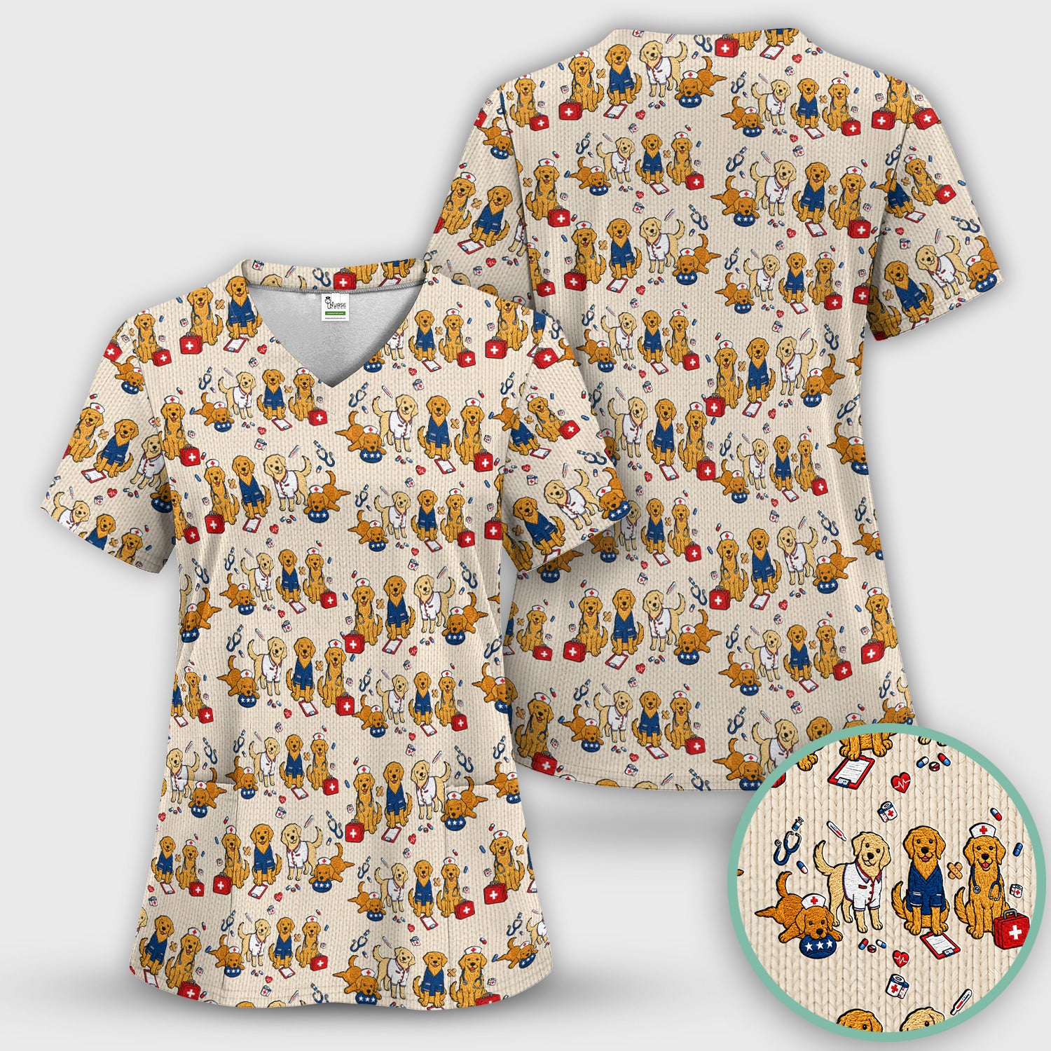 Golden Retriever Nurse Dog Pattern Scrub Top, Breathable Fabrics Nursing Uniform Scrub Set, Scrub Pants and V Neck Top