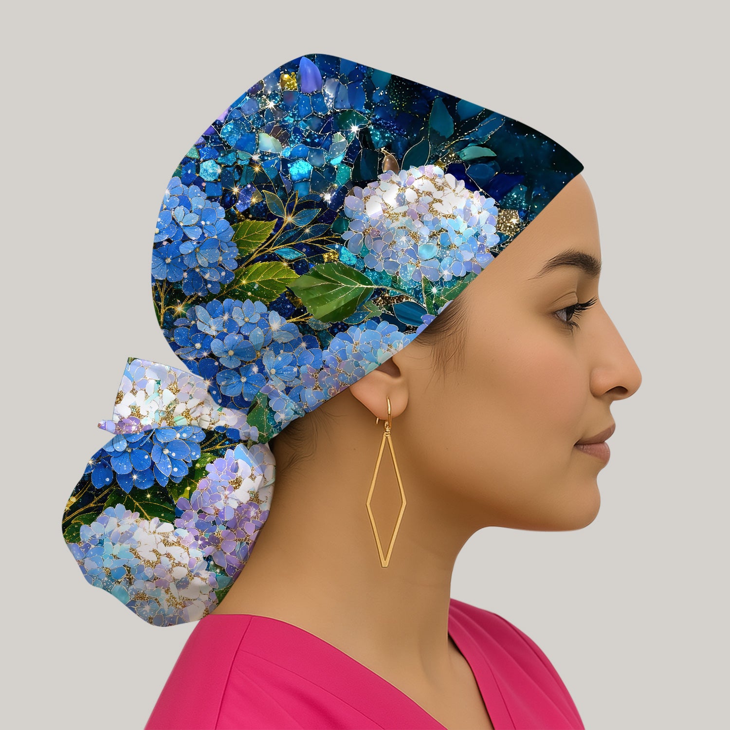 Blue Hydrangea Floral Pattern Scrub Cap, Surgical Caps for Doctors