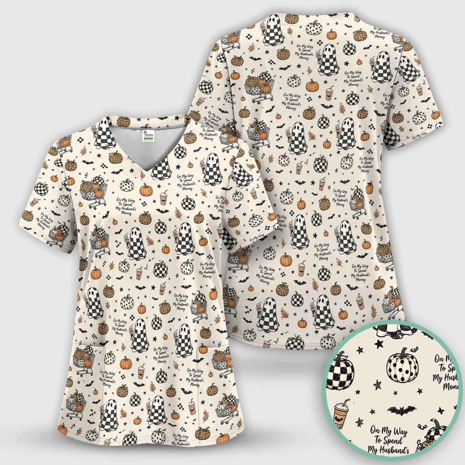 Halloween On My Way To Spend My Husband's Money Scrub Top, Comfortable Scrubs for Nurses