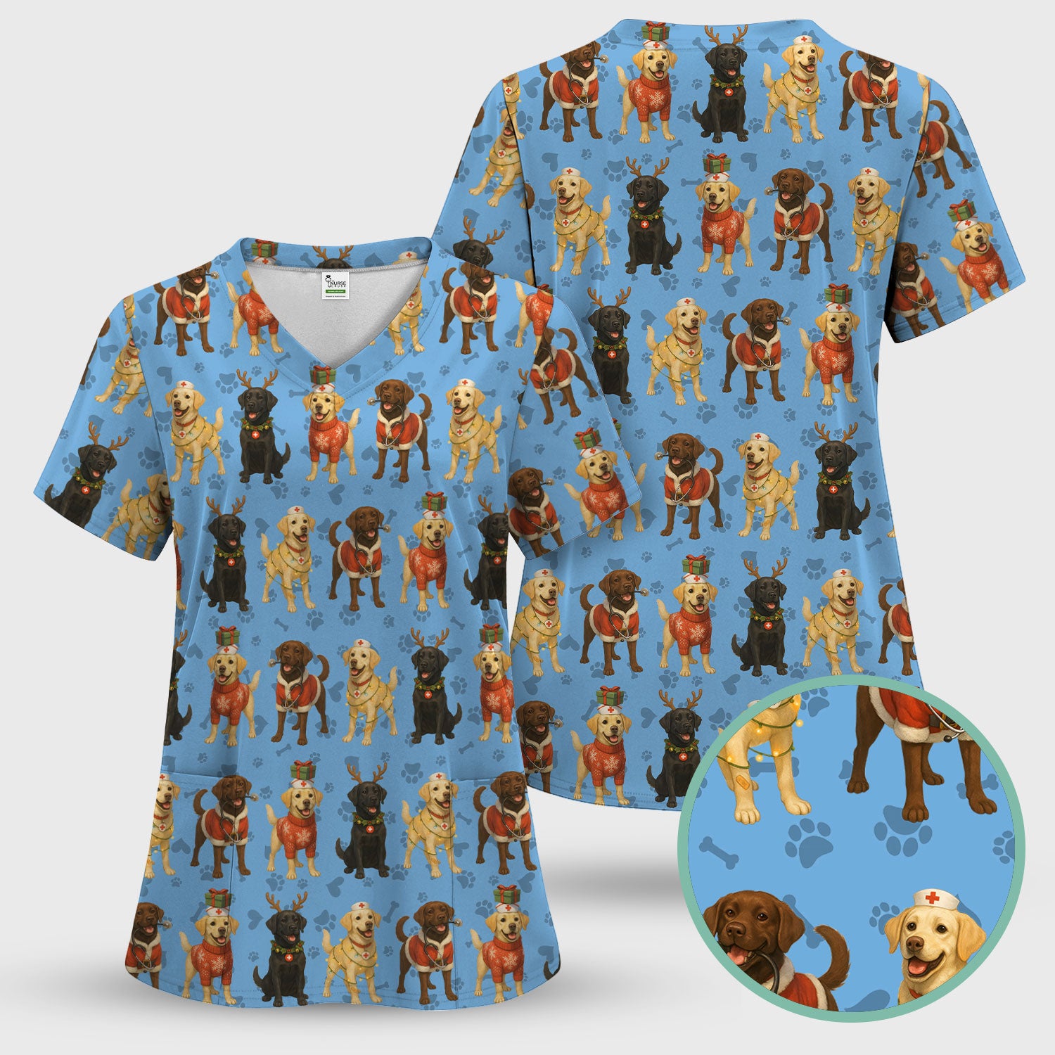 Dog Scrubs Christmas Set for Women - Labrador Puppy Pattern Scrub Top & Pants - Holiday Christmas Scrubs with Cute Dog Print