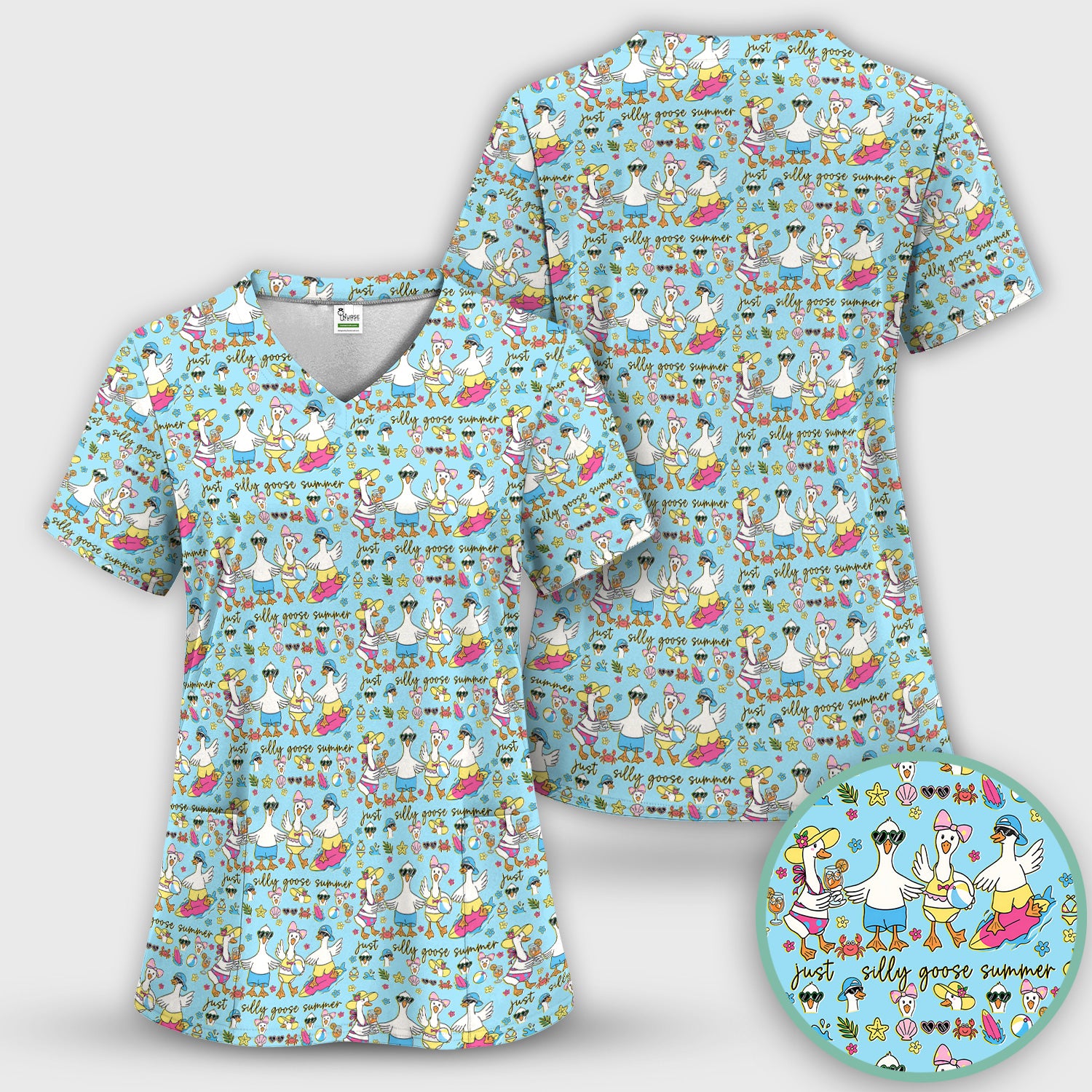 Silly Goose Summer Pattern Scrub Top, Breathable Fabrics Nursing Uniform