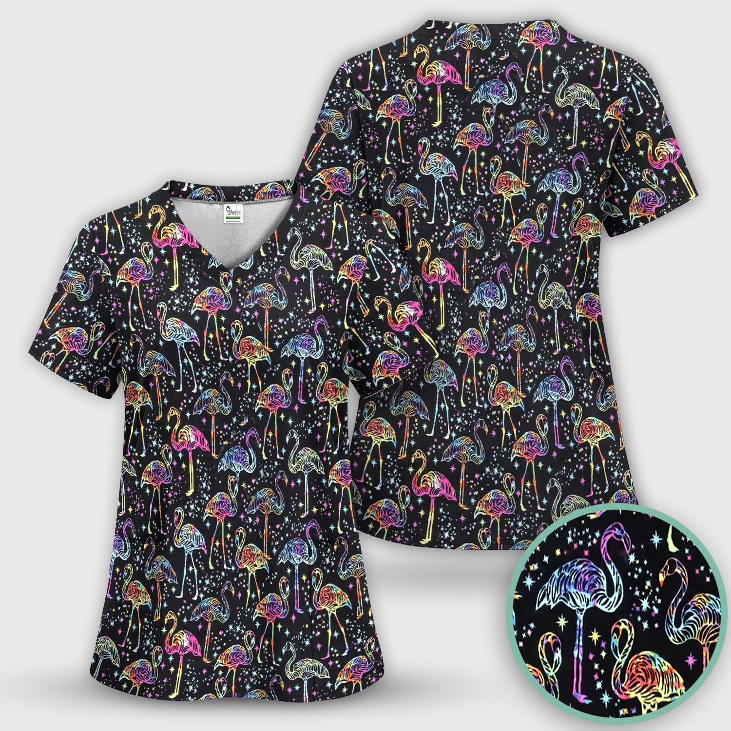 Neon Flamingo Starry Night Pattern Scrub Top, Comfortable Scrubs for Nurses