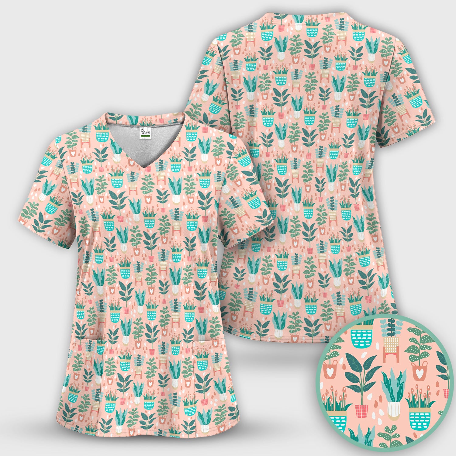 Potted Houseplant Leaves Pattern Scrub Top, Comfortable Scrubs for Nurses