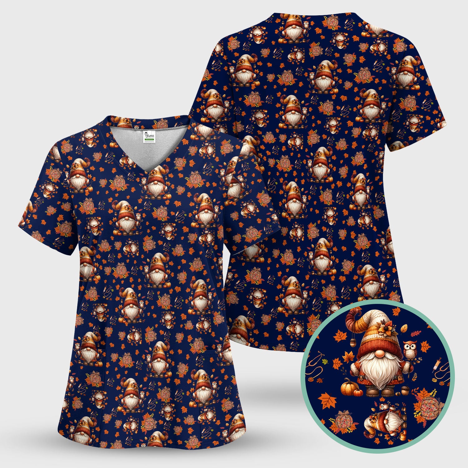 Fall Gnome Nurse Scrub Top for Women - Autumn Leaves Pumpkin Shirts - Thanksgiving Nursing Uniform Gift for RN LPN CNA
