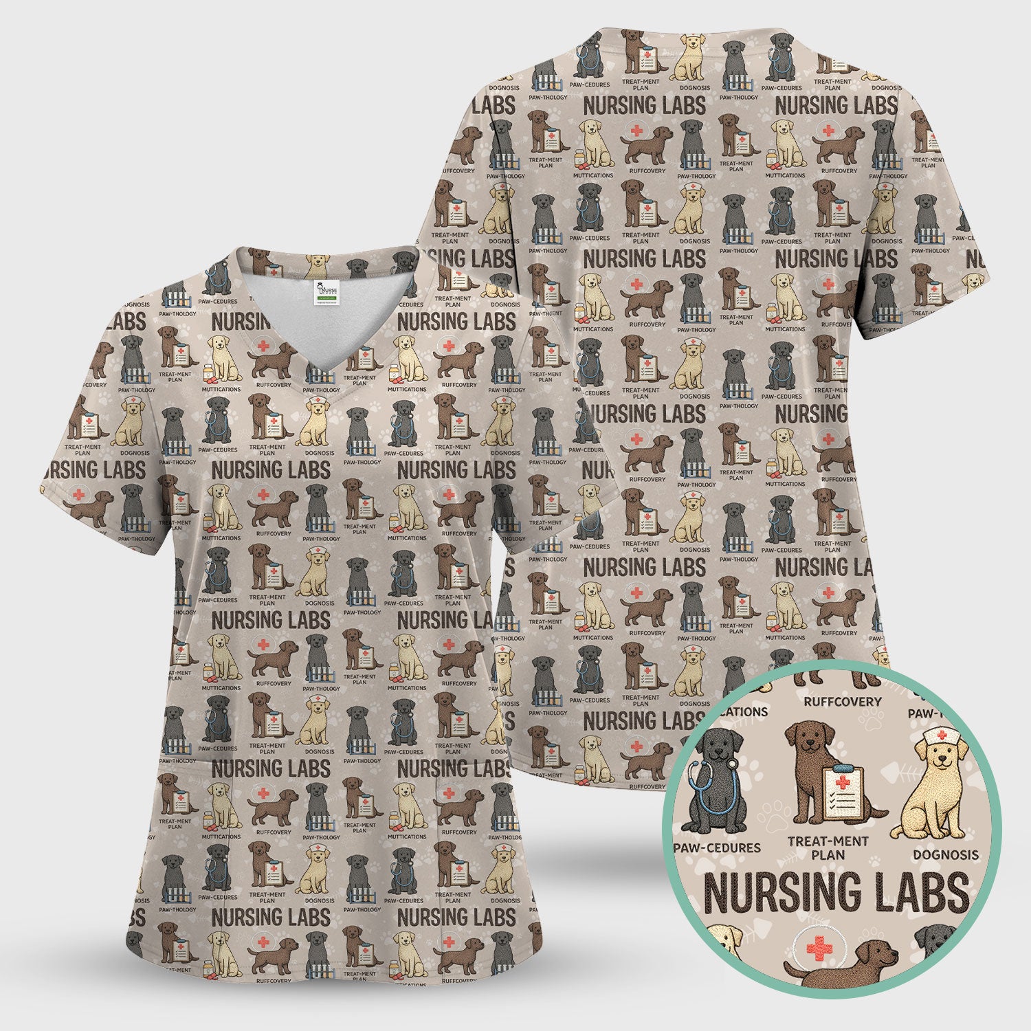 Playful Nursing Labs Dog Pattern Scrub Top, Comfortable Scrubs for Nurses