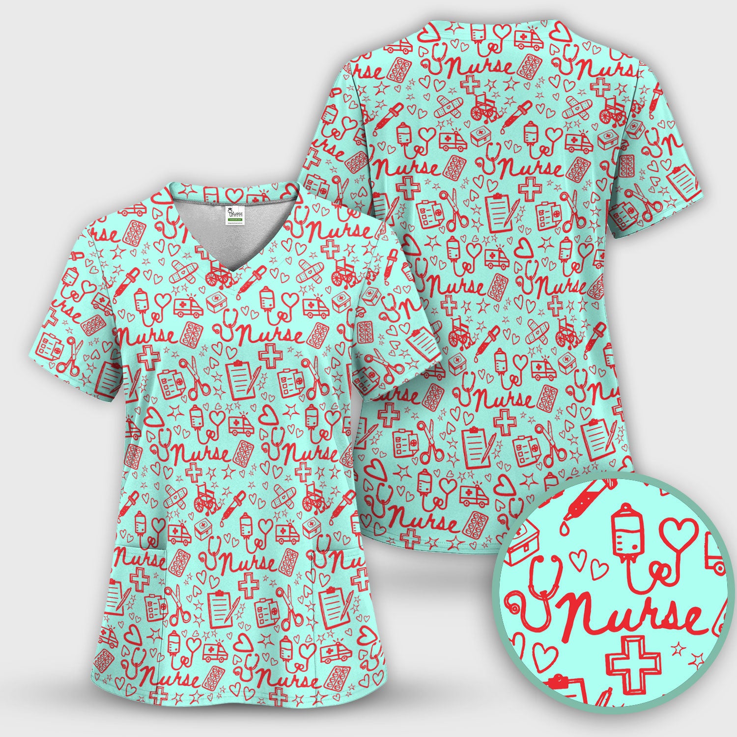 Cute Nurse Heart Medical Pattern Scrub Set, Breathable Med Uniform