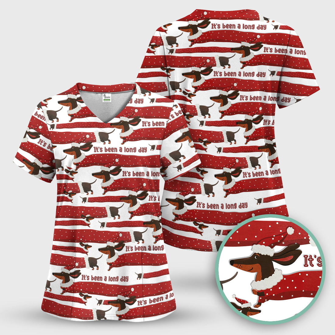 Funny Dachshund Christmas Scrub Top - It's Been a Long Day Shirt - Cute Wiener Dog Holiday Medical Uniform for Women