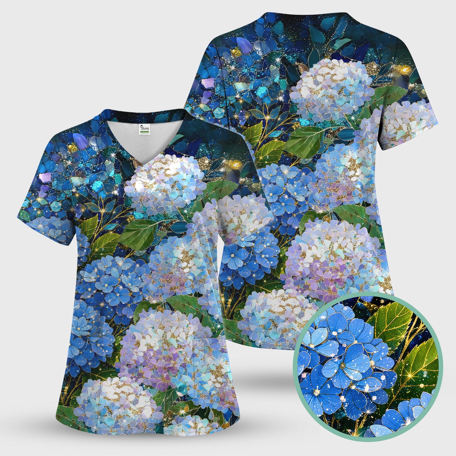 Blue Hydrangea Floral Pattern Scrub Set, Scrub Pants and V Neck Top