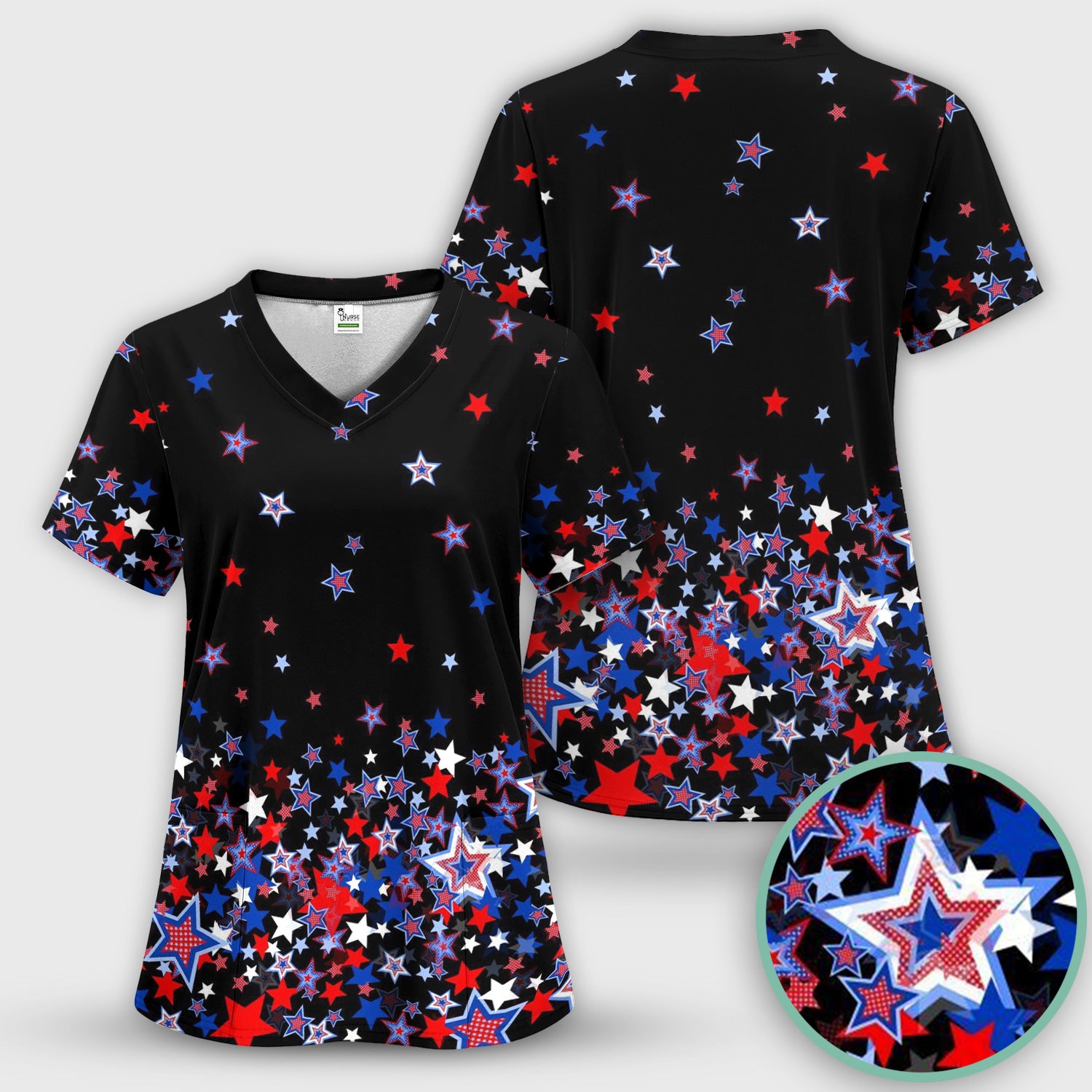 Festive Patriotic Red Blue Star Pattern Scrub Set, Scrub Pants and V Neck Top