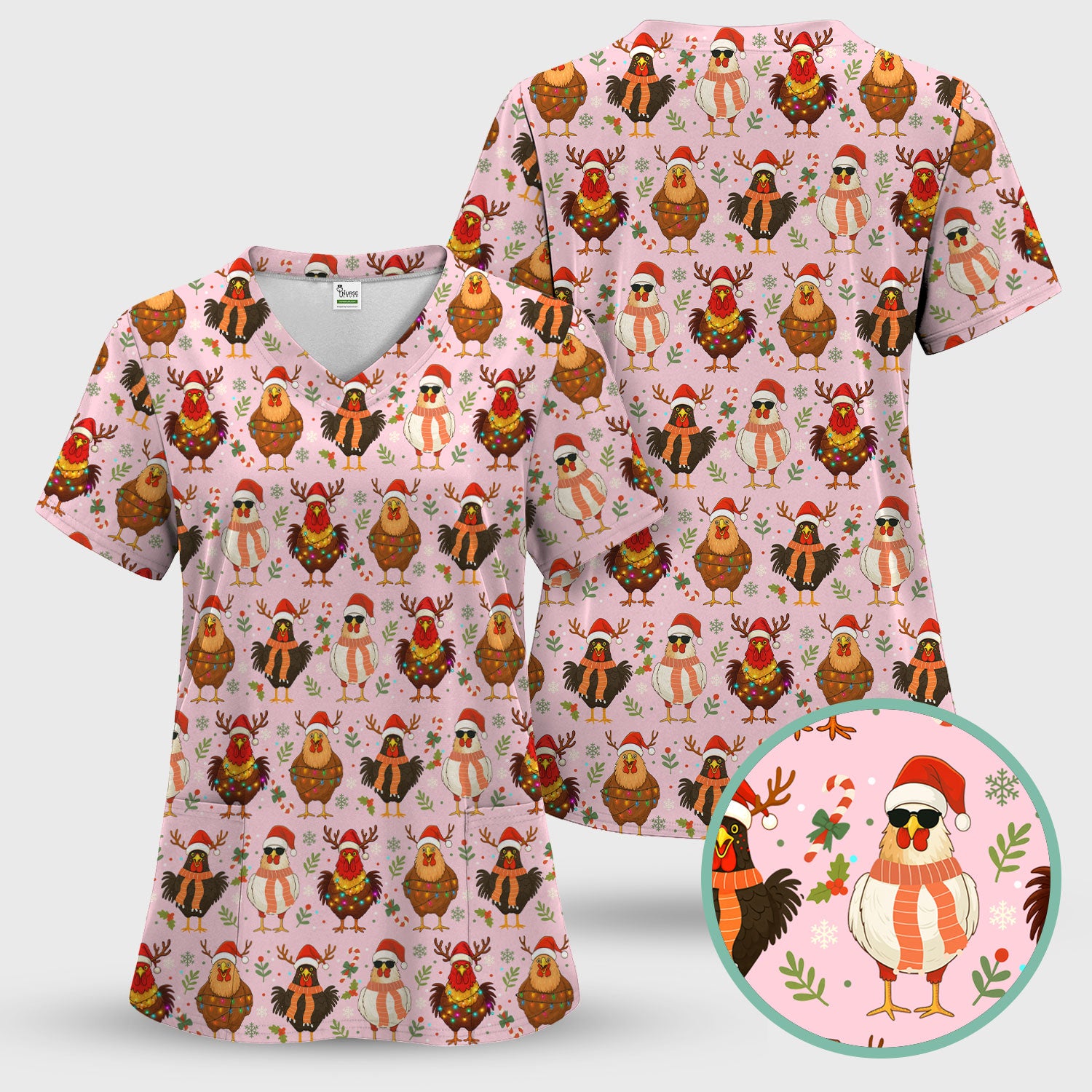 Funny Chicken Scrubs for Women - Christmas Pattern Scrub Top & Pants - Christmas Scrubs with Adorable Design
