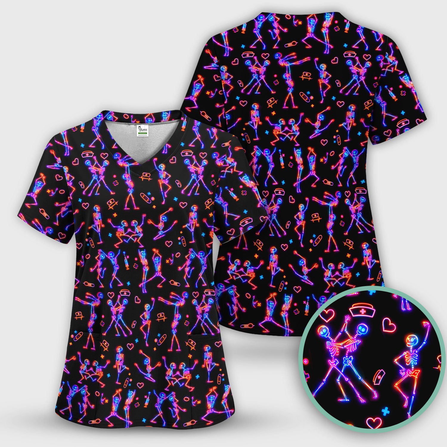 Neon Dancing Skeleton Medical Pattern Scrub Top, Comfortable Scrubs for Nurses