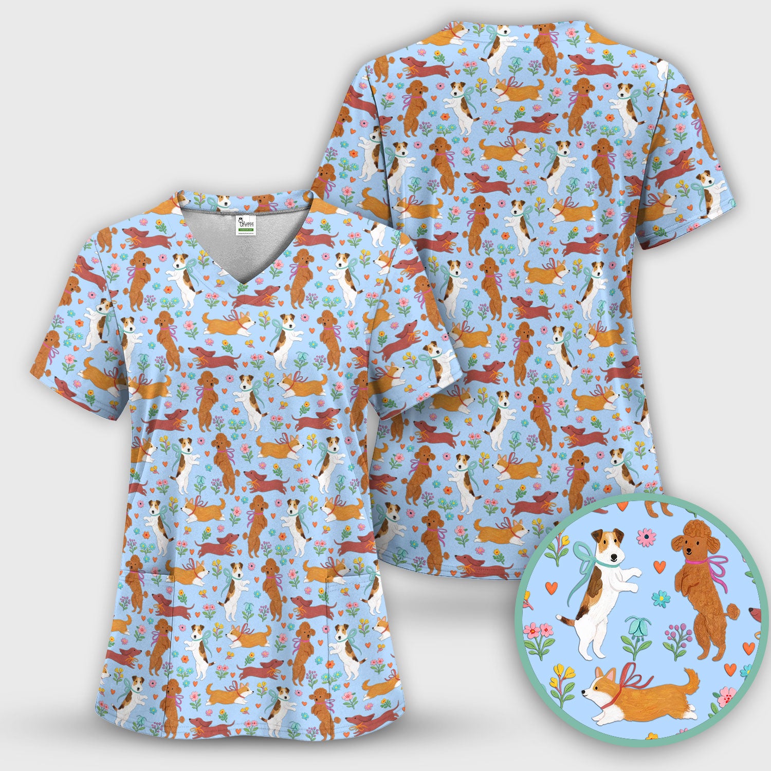 Cute Cartoon Dog Print Nurse Scrub Top, Comfortable Scrubs for Nurses