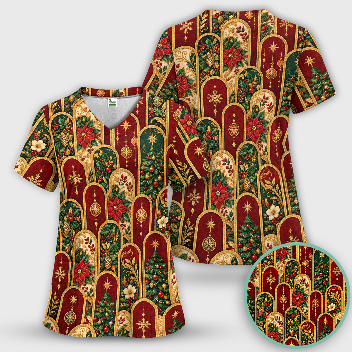 Elegant Christmas Poinsettia Gold Arch Pattern Scrub Top, Comfortable Scrubs for Nurses