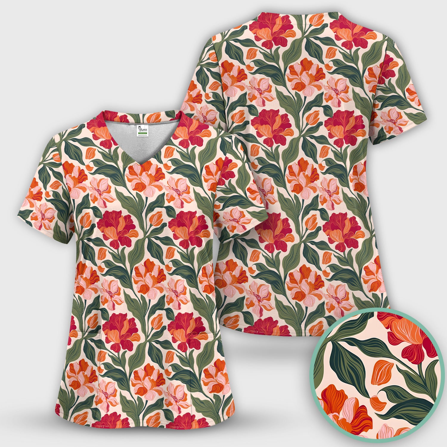 Pretty Tropical Floral Print Scrub Set, Scrub Pants and V Neck Top