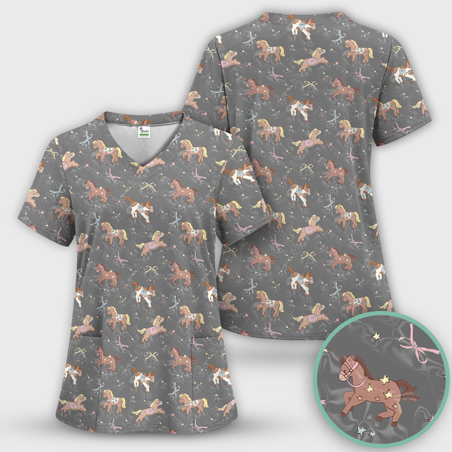 Cute Pony Star Pattern Scrub Top, Comfortable Scrubs for Nurses