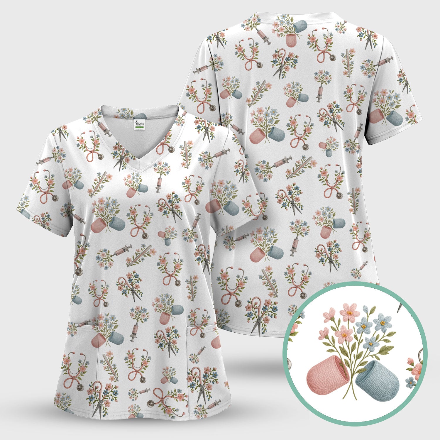 Floral Medical Scrub Top, Elegant Stethoscope With Flower Nursing Shirt, Breathable Fabrics Nurse Uniform