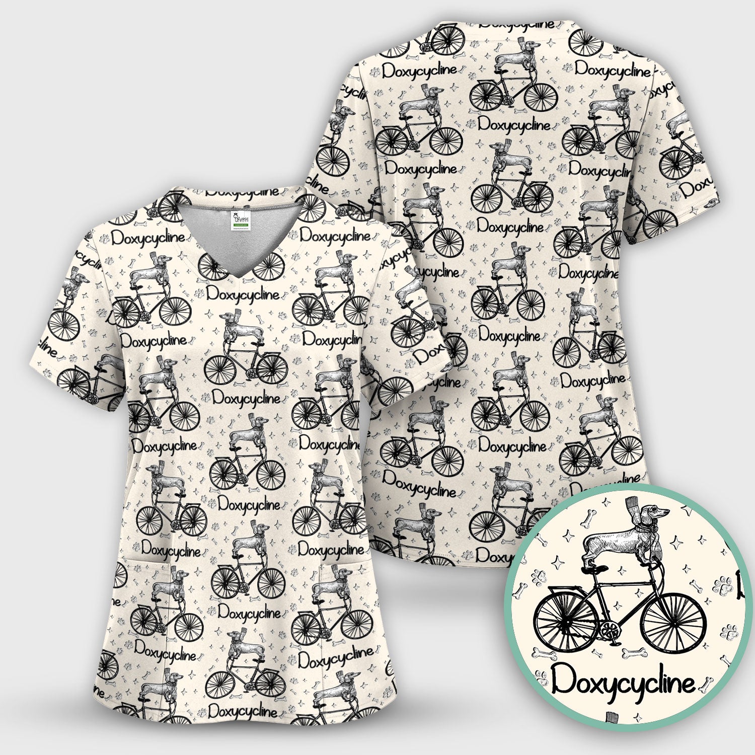 Funny Doxycycline Dog Bicycle Print Scrub Top, Comfortable Scrubs for Nurses