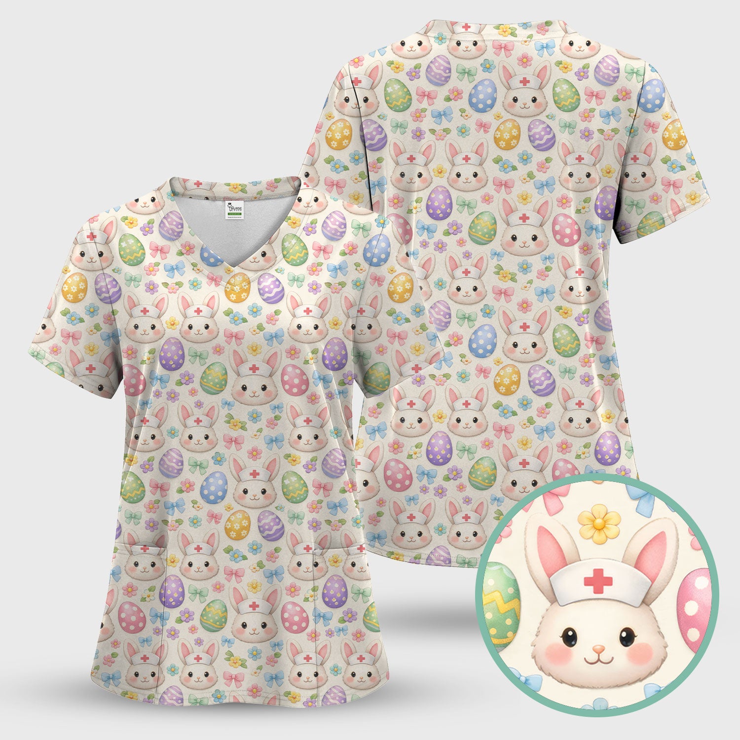 Cute Easter Nurse Bunny Egg Scrub Top, Breathable Fabrics Nursing Uniform