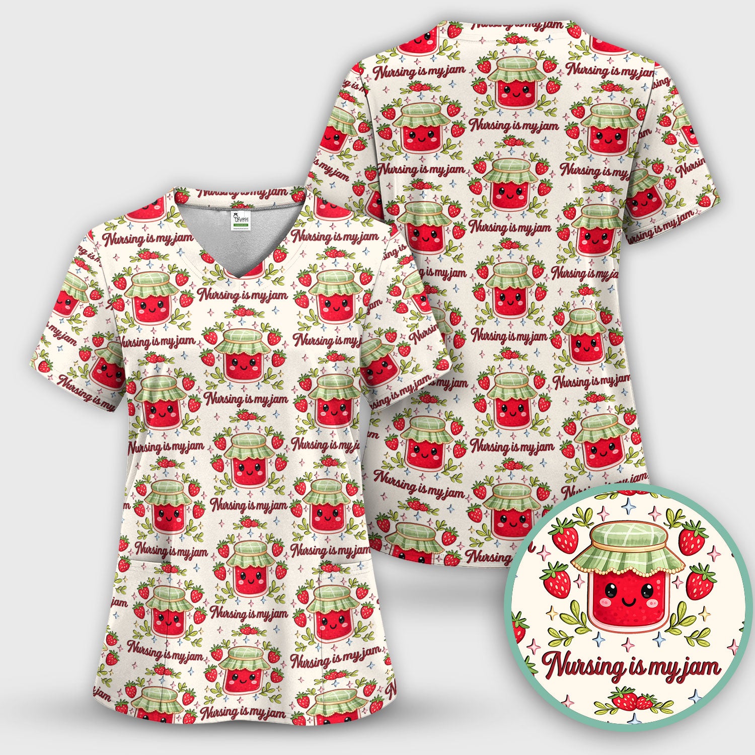 Cute Strawberry Jam Nurse Pattern Scrub Set, Breathable Med Uniform