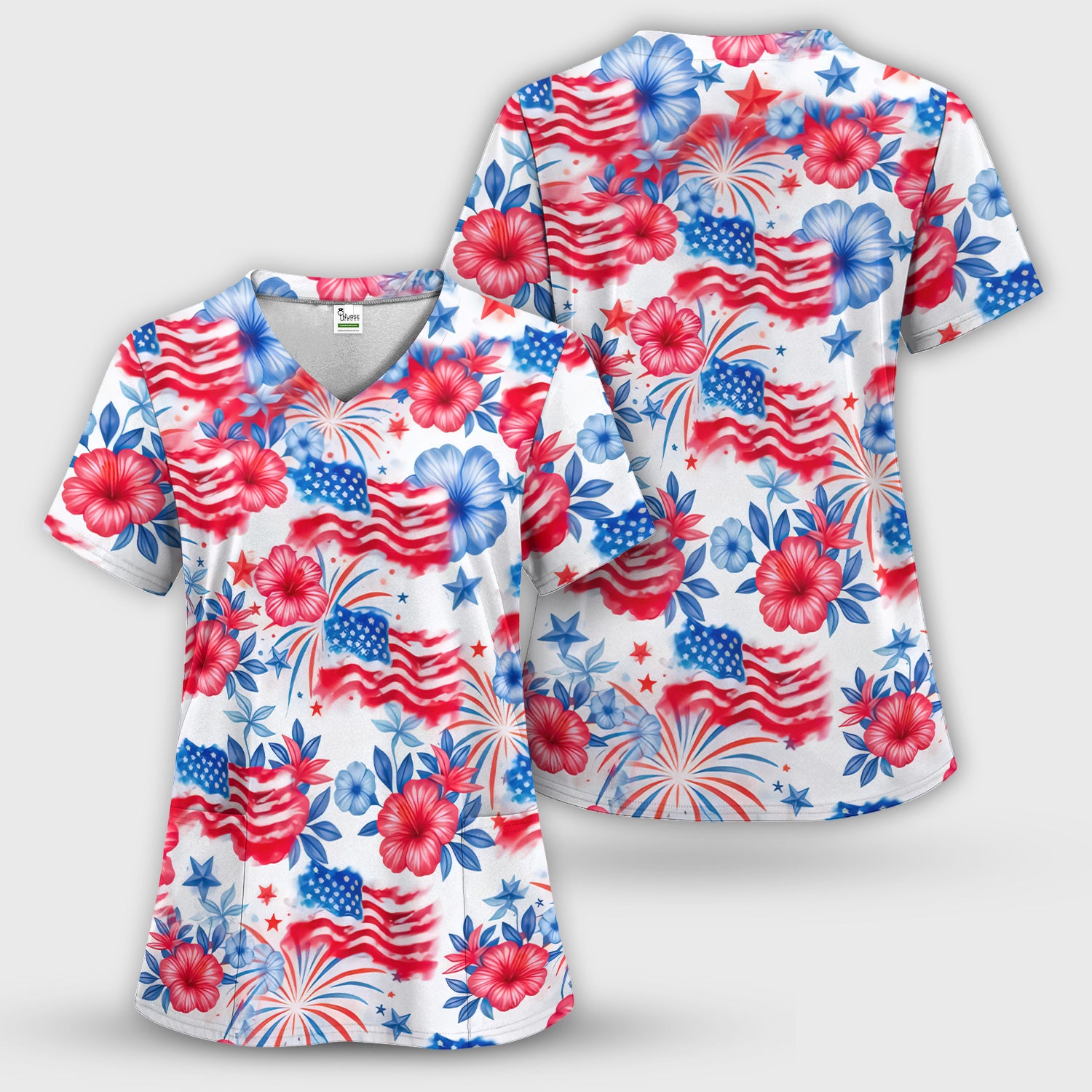 Patriotic American Flag Floral Pattern Scrub Top, Comfortable Scrubs for Nurses