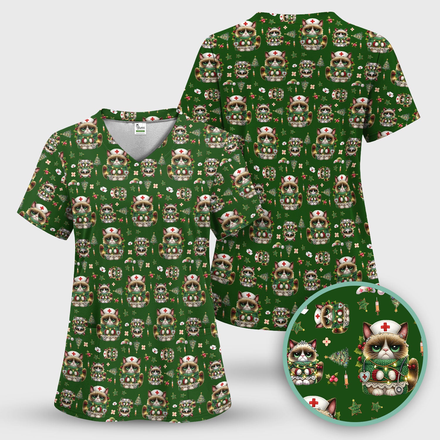 Christmas Nurse Scrub Top - Funny Cat Nursing Shirt - Cute Holiday Medical Uniform for Women RN LPN CNA
